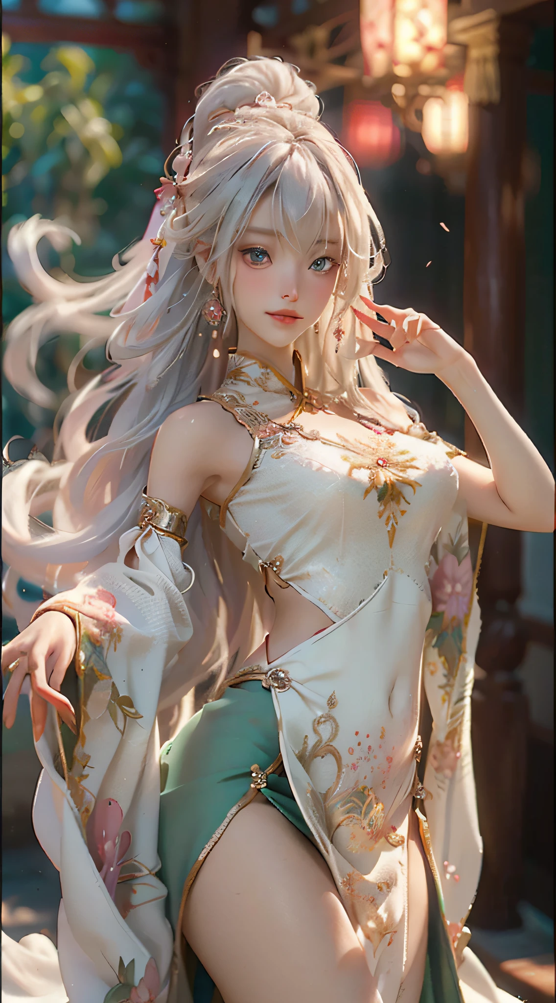 Image of a woman in a belly dance costume, there is a girl in a green dress, plum blossoms, palaces, oriental architecture ray tracing, {best quality}, {masterpiece}}, extremely detailed 8K wallpaper, {an extremely delicate and beautiful}, colorful, intricate details, realism, realism, camera quality, (meticulously portrayed clothes), cold white skin, (meticulously portrayed blush), 1080p, sun, soft cute, smooth light silver hair, messy beauty, lighting, brokenness, shiny and silky skin, 3D stereoscopic, masterpiece, best quality, illustration super fine, beautiful eyes, very delicate light, fine luminescence, very fine 8K CG wallpaper, peach blossom eyes, red pupils, an extremely delicate beautiful girl, 8k wallpaper, best quality, full body close-up, white long dress, luxurious silky bright red chiffon flood (illusion, glitter, ultra-thin, soft,) Hanfu
