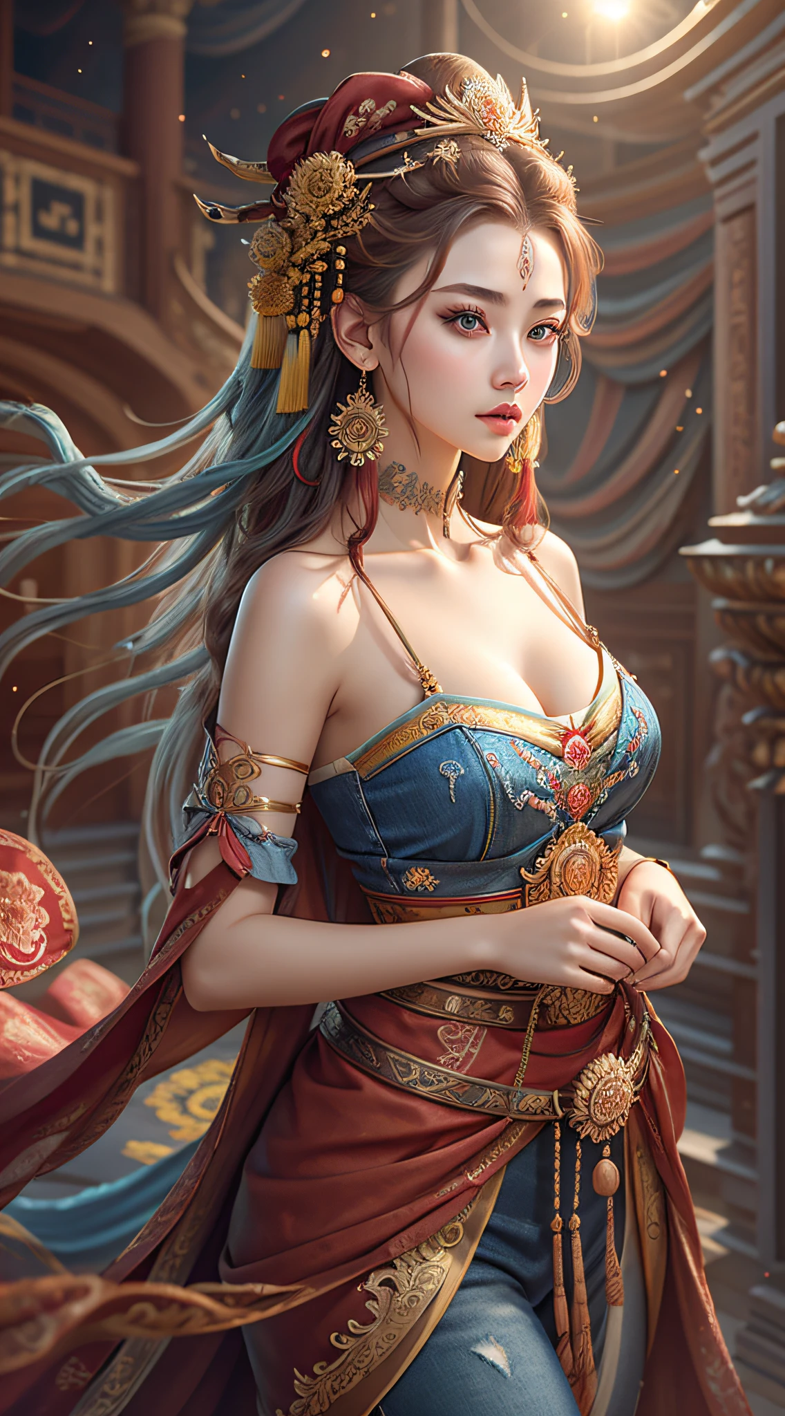 Best quality, masterpiece, ultra-detailed high resolution, (realistic: 1.4), original photos, illustrations,
1 Girl Holding Weapon, (Solo Exhibition: 1.2), (Denim Lens: 1.2), (Hair Crown: 1.2), Chinese Dunhuang Traditional Costume, No Straps, (Red Eyeliner: 1.2), (: 1.4), Earrings, Dynamic Angle, Opera House, messy_long_hair, Ink, Movie Lights, lens_flare, Velvet, Chrysanthemum, Tassels, Ribbons, Color Embroidery,