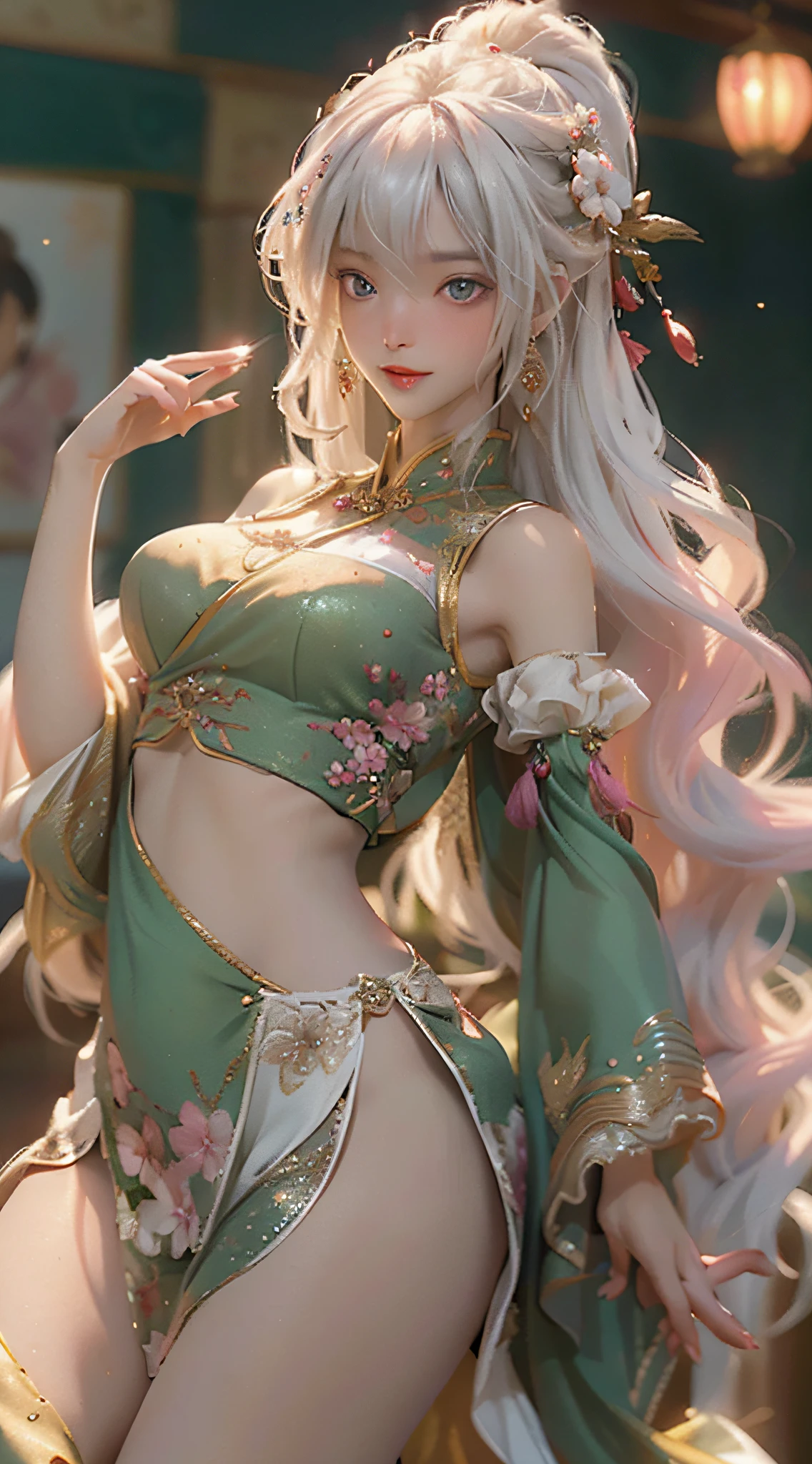 Image of a woman in a belly dance costume, there is a girl in a green dress, plum blossoms, palaces, oriental architecture ray tracing, {best quality}, {masterpiece}}, extremely detailed 8K wallpaper, {an extremely delicate and beautiful}, colorful, intricate details, realism, realism, camera quality, (meticulously portrayed clothes), cold white skin, (meticulously portrayed blush), 1080p, sun, soft cute, smooth light silver hair, messy beauty, lighting, brokenness, shiny and silky skin, 3D stereoscopic, masterpiece, best quality, illustration super fine, beautiful eyes, very delicate light, fine luminescence, very fine 8K CG wallpaper, peach blossom eyes, red pupils, an extremely delicate beautiful girl, 8k wallpaper, best quality, full body close-up, white long dress, luxurious silky bright red chiffon flood (illusion, glitter, ultra-thin, soft,) Hanfu