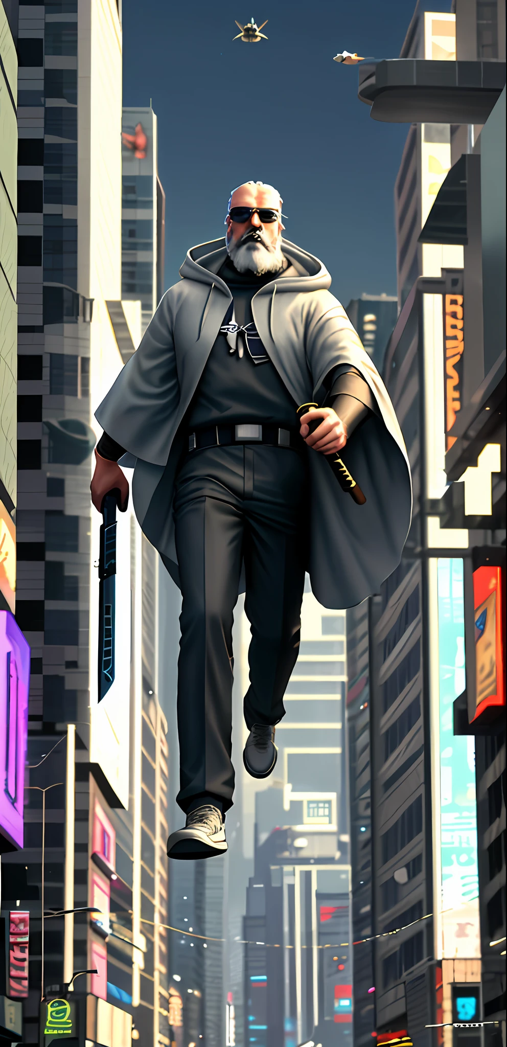 50-year-old white man, gray beard, hood and sunglasses dressed as a Jedi, create a Jedi knight, stepping out of a UFO, exiting a flying saucer, with his sword of light in his hand, in the middle of a busy avenue, cyberpunk, at night, people running, 3D pixar style art