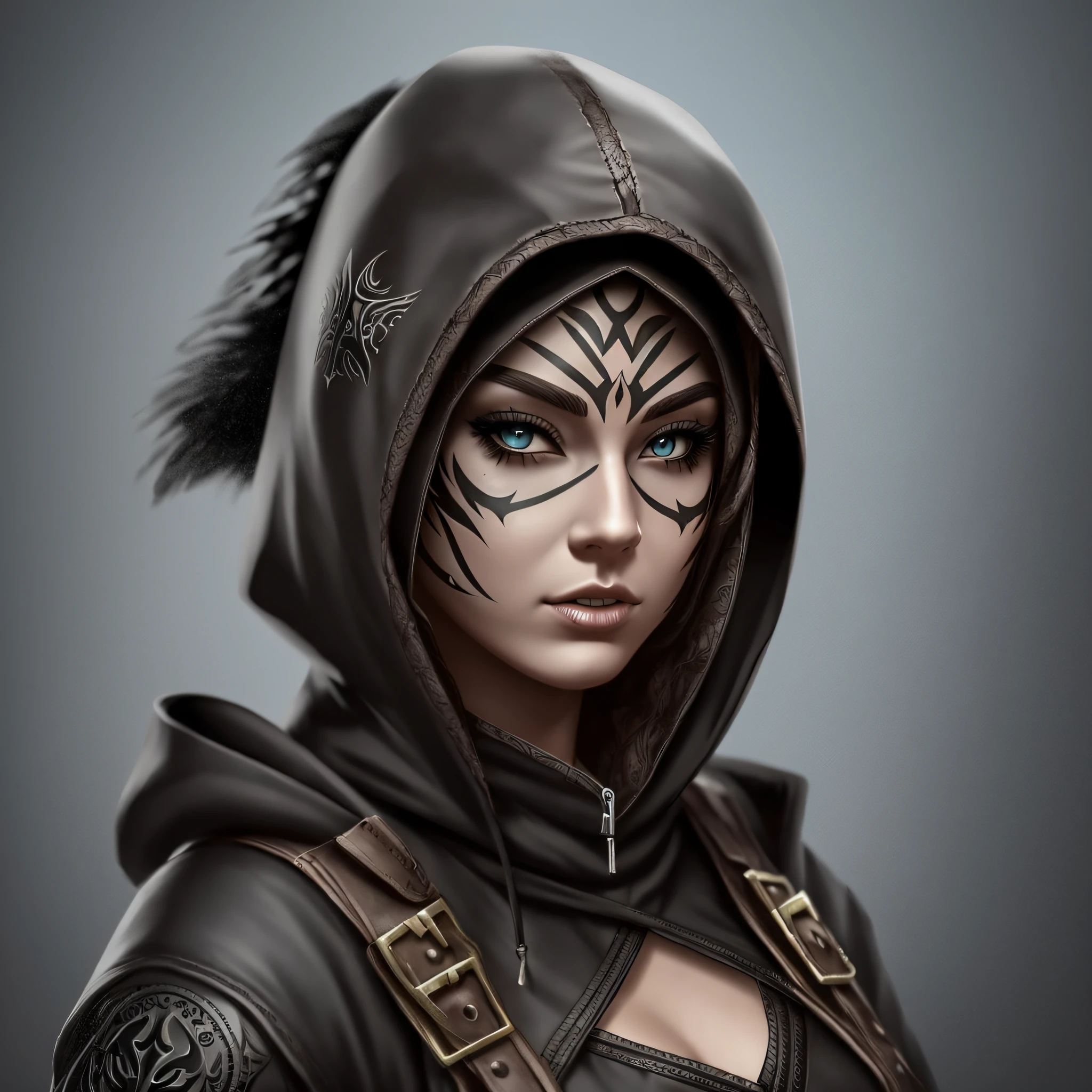 Create a realistic female killer character with hood and mask style fantasy and video game characters --auto --s2