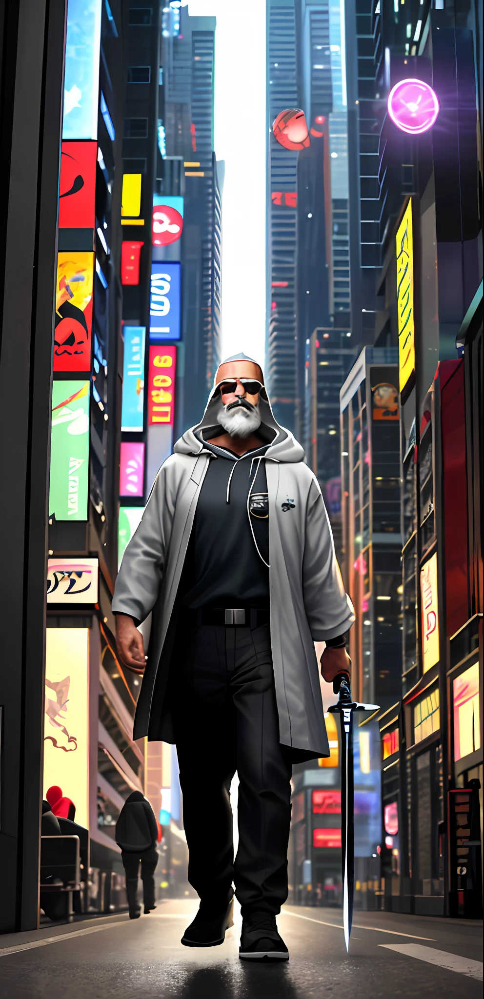 50-year-old white man, gray beard, hood and sunglasses dressed as a Jedi, create a Jedi knight, stepping out of a UFO, exiting a flying saucer, with his sword of light in his hand, in the middle of a busy avenue, cyberpunk, at night, people running, 3D pixar style art