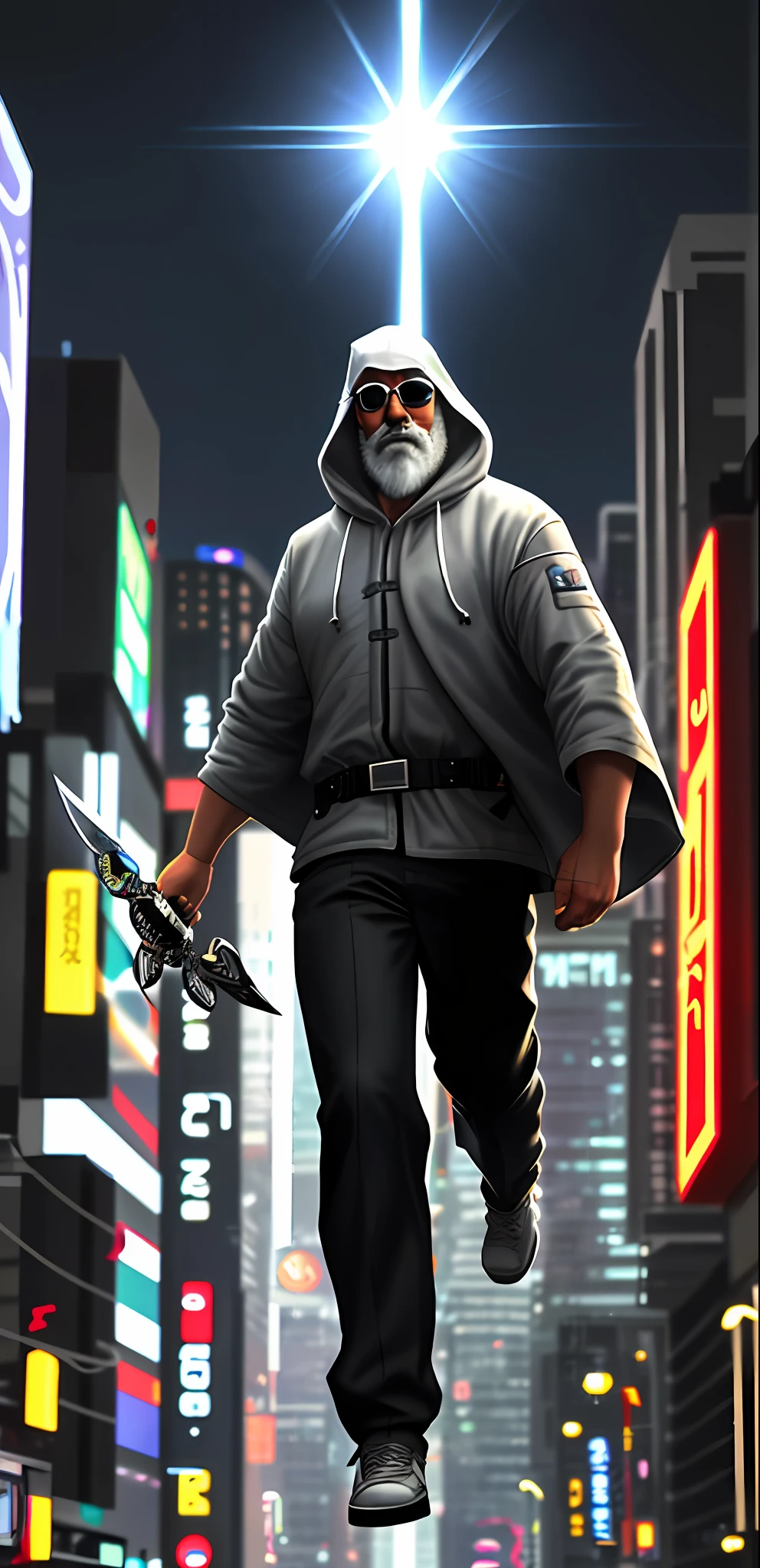 50-year-old white man, gray beard, hood and sunglasses dressed as a Jedi, create a Jedi knight, stepping out of a UFO, exiting a flying saucer, with his sword of light in his hand, in the middle of a busy avenue, cyberpunk, at night, people running, 3D pixar style art