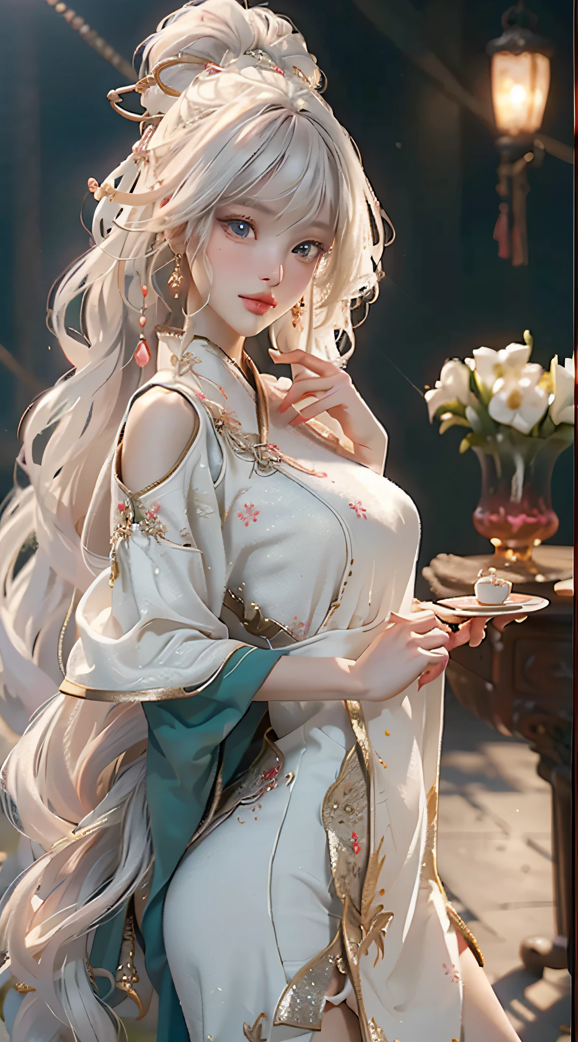 There is a girl in a green dress, plum blossoms, palaces, oriental architecture ray tracing, {best quality}, {{masterpiece}}, extremely detailed 8K wallpaper, {an extremely delicate and beautiful}, colorful, intricately detailed, Realistic, real, camera quality, (detailed depiction of clothes), cool white skin, (detailed depiction of blush), 1080p, sun, soft cuteness, smooth light silver hair, messy beauty, lighting, broken feeling, bright and silky skin , 3D stereoscopic, masterpiece, best quality, super fine illustration, beautiful eyes, very fine light, fine glow, very fine 8K CG wallpaper, peach eyes, red pupils, an extremely delicate and beautiful girl, 8k Wallpaper, best quality, full body close-up, white long dress, luxurious silky bright red chiffon floodlight (magic, glitter, ultra-thin, soft,) Hanfu