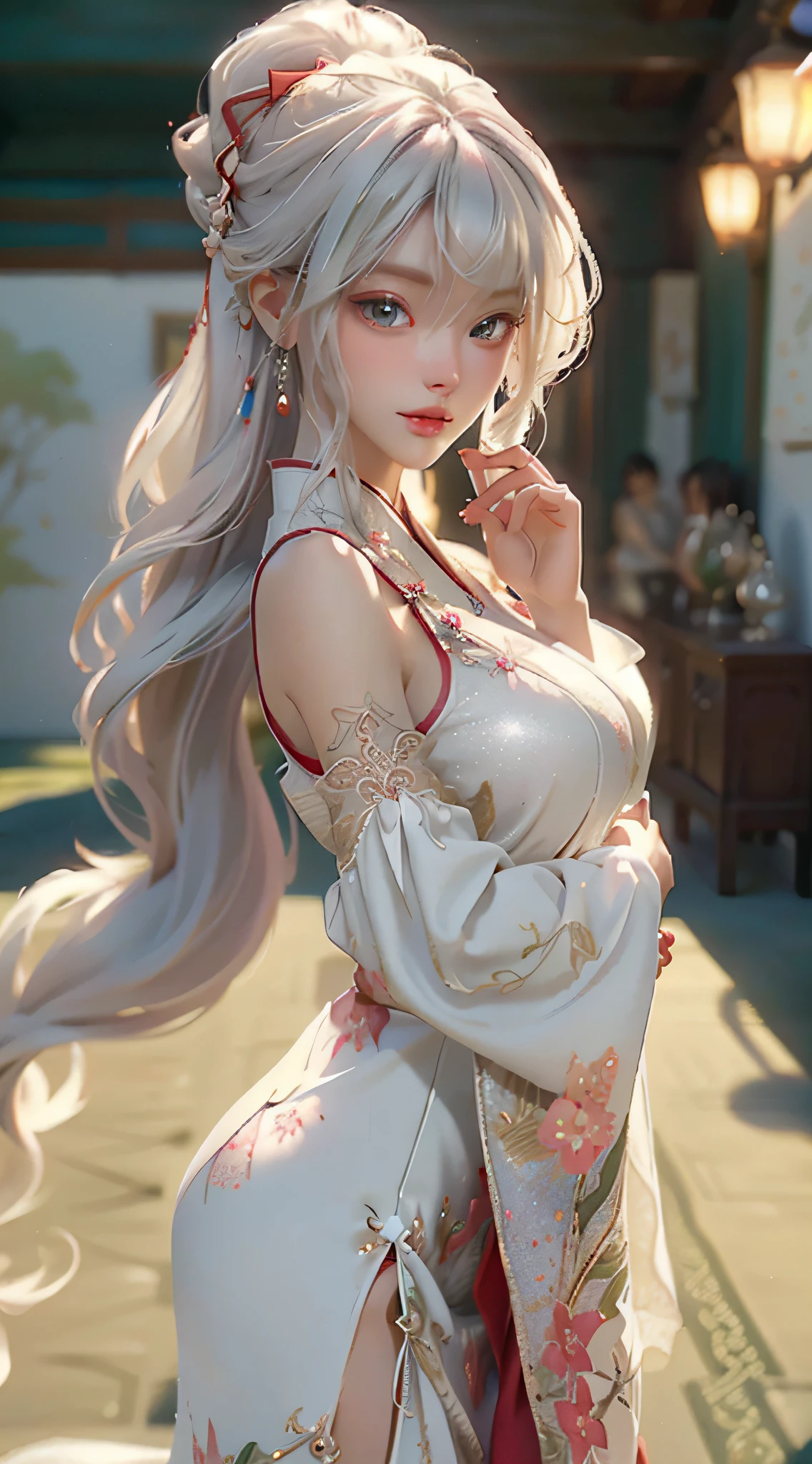 There is a girl in a green dress, plum blossoms, palaces, oriental architecture ray tracing, {best quality}, {{masterpiece}}, extremely detailed 8K wallpaper, {an extremely delicate and beautiful}, colorful, intricately detailed, Realistic, real, camera quality, (detailed depiction of clothes), cool white skin, (detailed depiction of blush), 1080p, sun, soft cuteness, smooth light silver hair, messy beauty, lighting, broken feeling, bright and silky skin , 3D stereoscopic, masterpiece, best quality, super fine illustration, beautiful eyes, very fine light, fine glow, very fine 8K CG wallpaper, peach eyes, red pupils, an extremely delicate and beautiful girl, 8k Wallpaper, best quality, full body close-up, white long dress, luxurious silky bright red chiffon floodlight (magic, glitter, ultra-thin, soft,) Hanfu