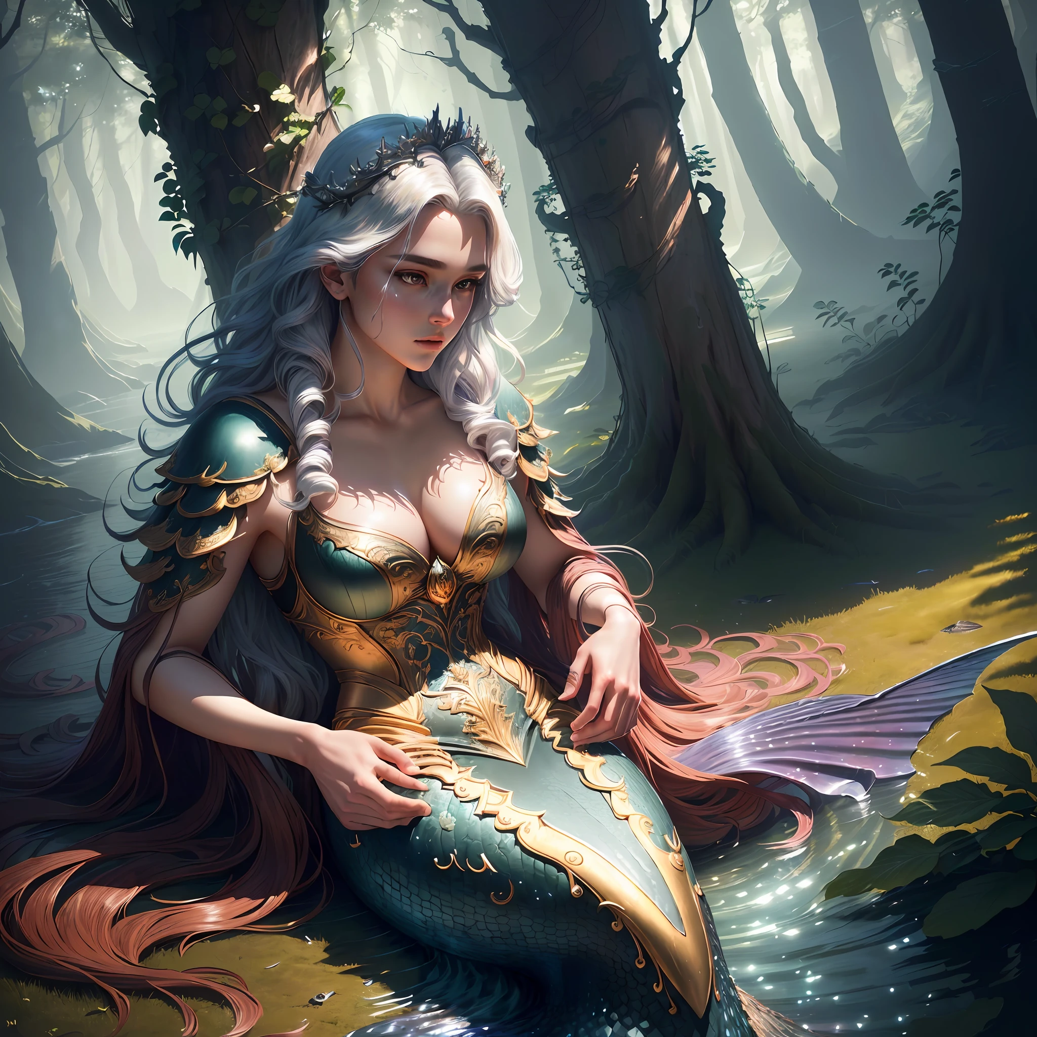 Masterpiece, best quality, (very detailed CG unified 8k wallpaper), (best quality), (best illustration), (best shadow), realistic lighting, full body shot, mermaid portrait, intricate, elegant, very detailed, male, handsome, very detailed, claws, in the forest, blood, rags, beautiful face, dreamy, medieval, beautiful detailed light