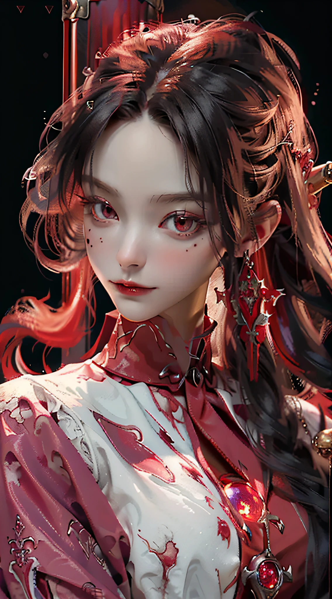 vampire, red alchemy potions, red alchemy potion, potion bottle, glowing red potion, masterpiece, best quality, ultra-detailed, illustration, ultra-detailed face, best quality face, evil, 30 years old, adult, 1girl, 30 years old, no human, white hair, alchemy outfit, intricate detailed outfit