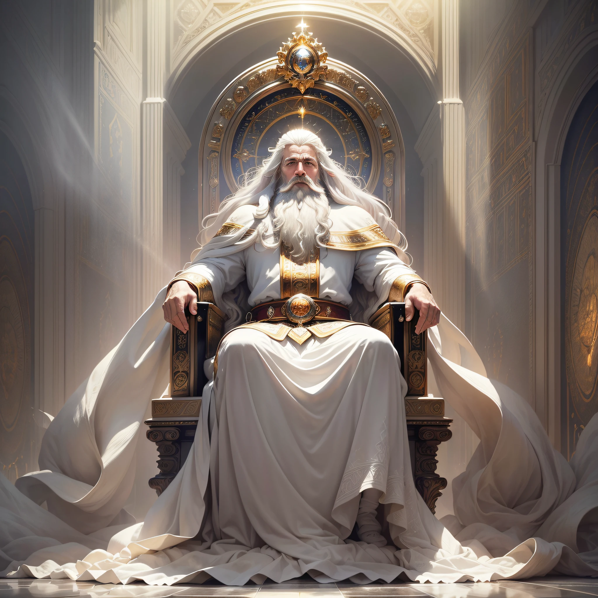(masterpiece, best quality, ultra-realistic), God's throne room, high resolution, divine man, majestic, strong, imposing, white hair and beard, white clothes warmth, dazzling light, serene aura, magnificent aura, god (embodiment of power:1.2), glorious, surreal, powerful, (emitting light:1.3), (gleaming:1.2)