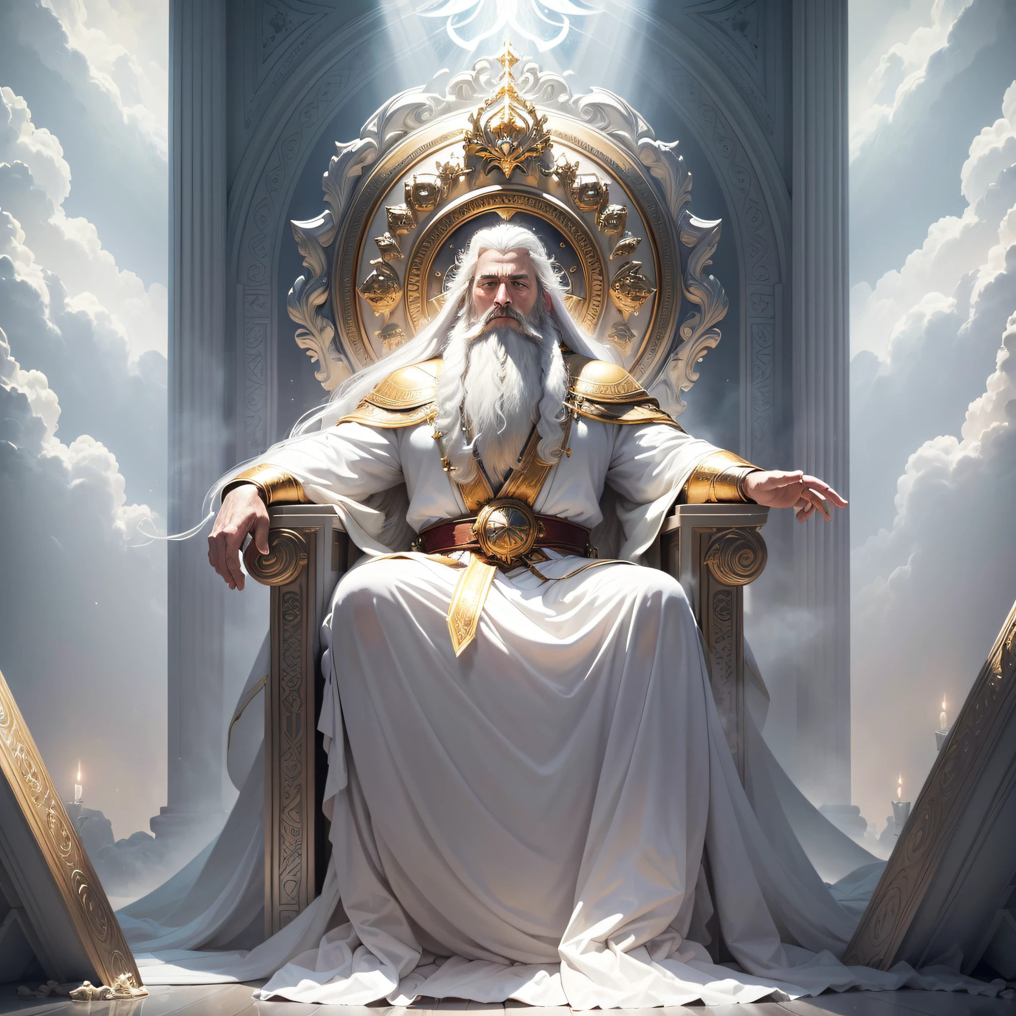 (masterpiece, best quality, ultra-realistic), God's throne room, high resolution, divine man, majestic, strong, imposing, white hair and beard, white clothes warmth, dazzling light, serene aura, magnificent aura, god (embodiment of power:1.2), glorious, surreal, powerful, (emitting light:1.3), (gleaming:1.2)