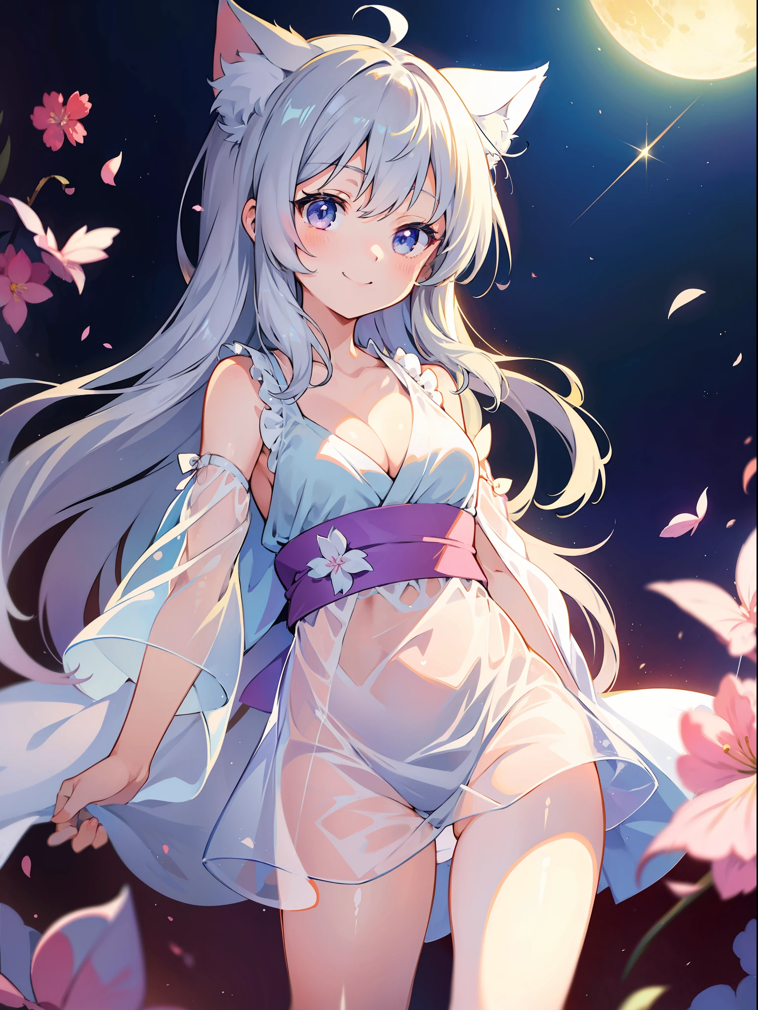Masterpiece, Top Quality Anime Illustration, Super Detail, One Girl, Solo Focus, Silver-Haired Beautiful Girl, Anime Loli, Cat Ear Loli, White See-Through Yukata, Short Yukata, Sleeveless, Smile, Cleavage Emphasis, Thigh Focus,