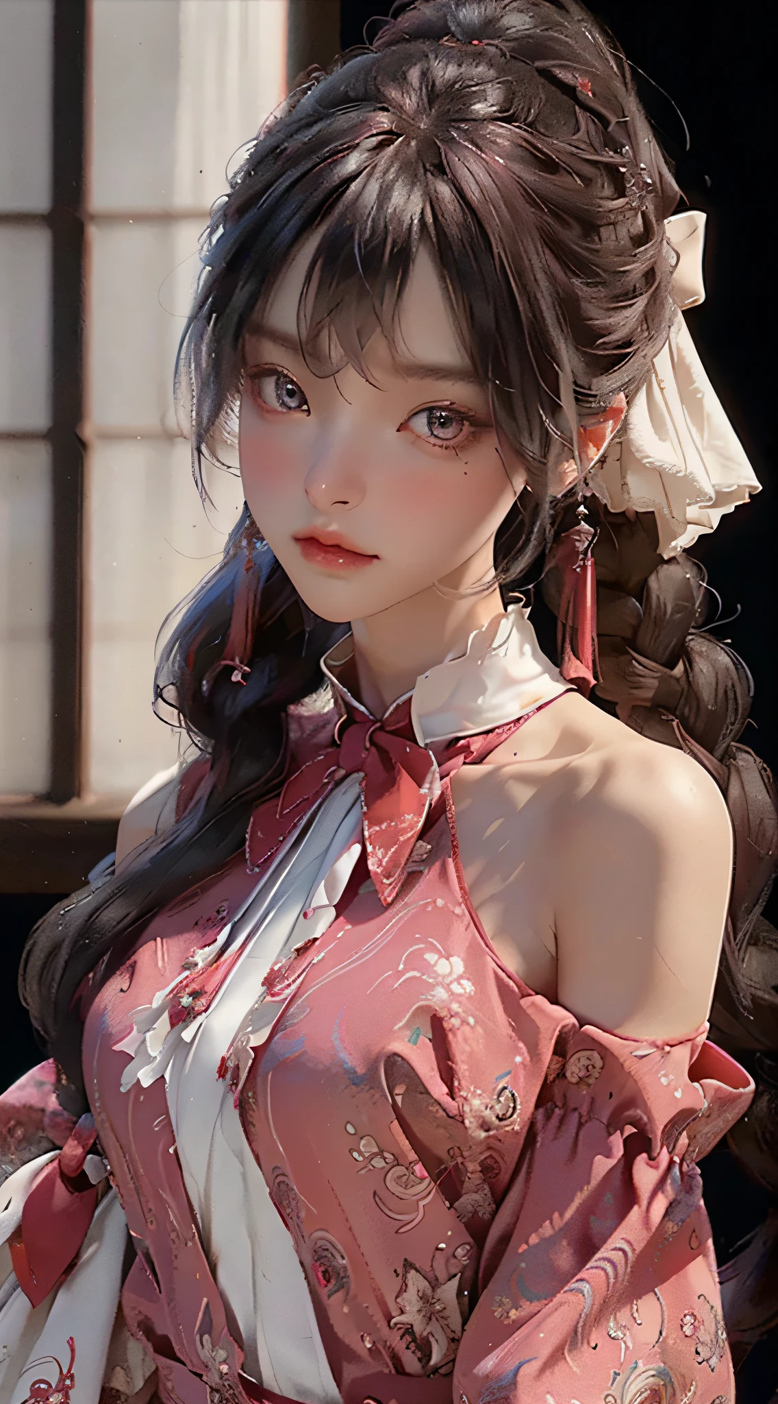 (masterpiece,bestquality,ultra-detailed,bestshadow),(detailedbackground,darkfantasy),(beautifuldetailedface),highcontrast,(bestillumination,anextremelydelicateandbeautiful),((cinematiclight)),colorful,hyperdetail,dramaticlight,intricatedetails,red eyes, long hair, looking at another, fake screenshot, multiple girls, bangs, eye contact, 2girls, ascot, white hair, braid, shirt, upper body, blush, hair between eyes, red ascot, dress, phone screen, bare shoulders, bow, parted lips