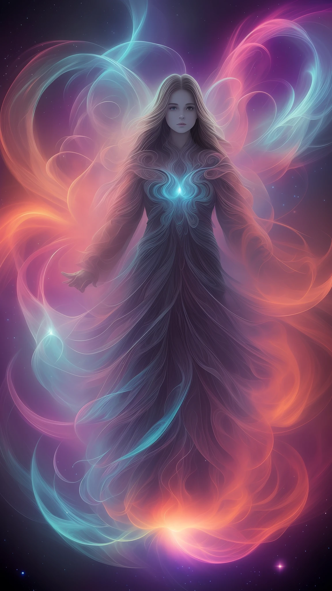 inconceivable and spectacular a scene of emergence of a figure from the glowing cloud, fractal nebula threads, cosmic entities, celestial, cosmic, vibrant and vivid, swirls, twirling, unrealistic, high contrast, symobolism, magical, mystical, mystifying, hyperrealistic, oversaturate, colorfully