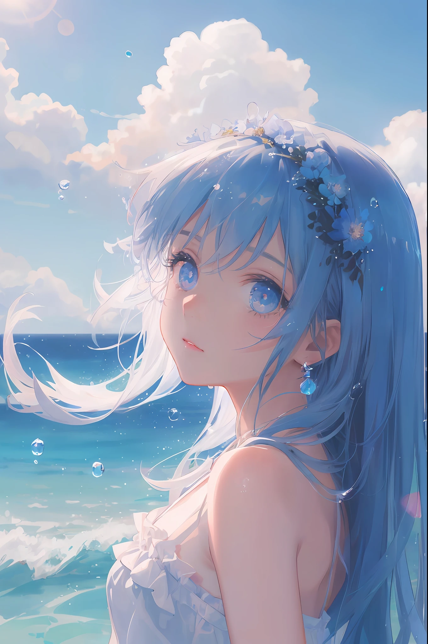 art by Cornflower, dreamy
(a girl who was petite and had beautiful detailed eyes. The depth of field in the photo was perfect, and the lens flare added a nice touch. The finely detailed features of her face really stood out, and the score for this photo was definitely greater than 10. In the background, there was a beautiful ocean with crystal clear water and water droplets on the surface. It was a stunning photo that really captured the beauty of the girl and the water.)