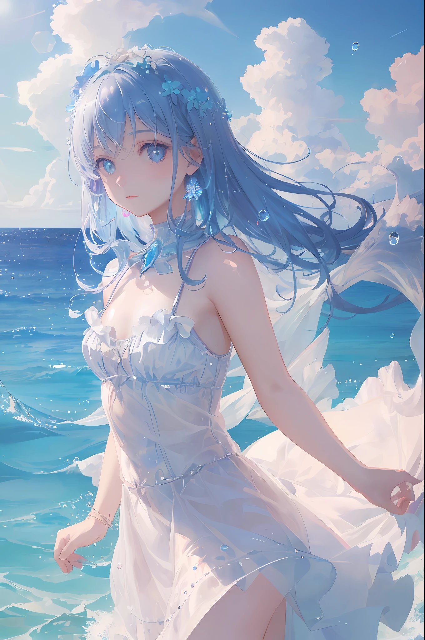 art by Cornflower, dreamy
(a girl who was petite and had beautiful detailed eyes. The depth of field in the photo was perfect, and the lens flare added a nice touch. The finely detailed features of her face really stood out, and the score for this photo was definitely greater than 10. In the background, there was a beautiful ocean with crystal clear water and water droplets on the surface. It was a stunning photo that really captured the beauty of the girl and the water.)