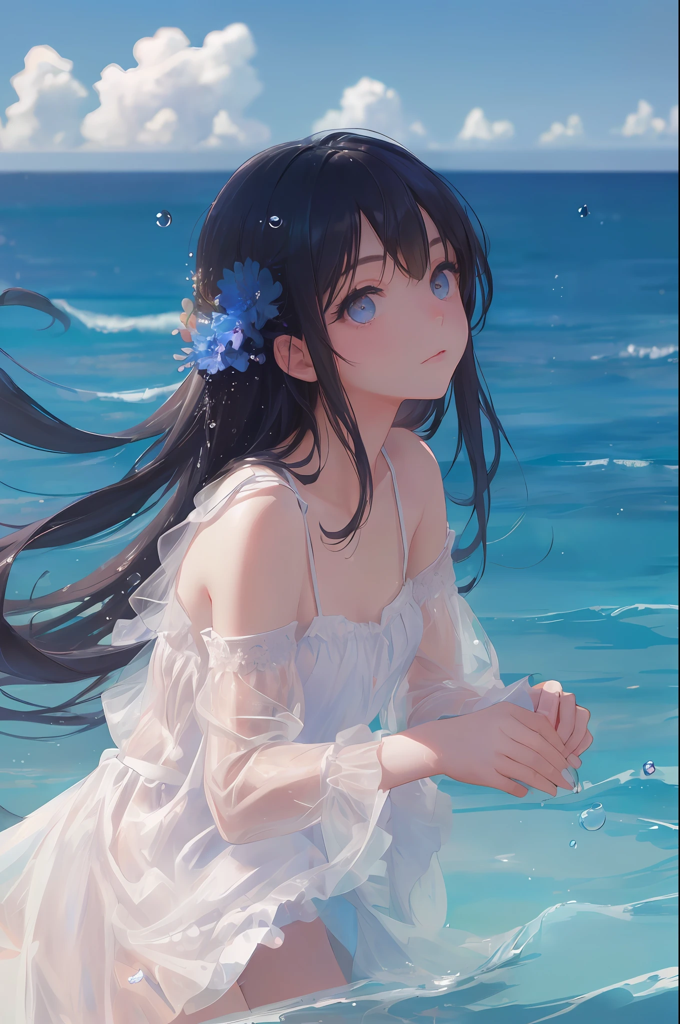Anime girl in white dress sitting in the ocean with long hair - SeaArt AI