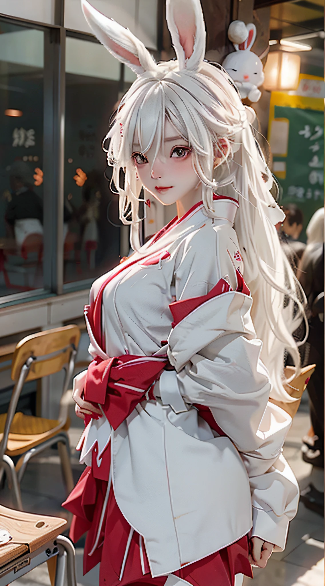 Anime girl with white hair and bunny ears, red eyes, shy blush, school uniform