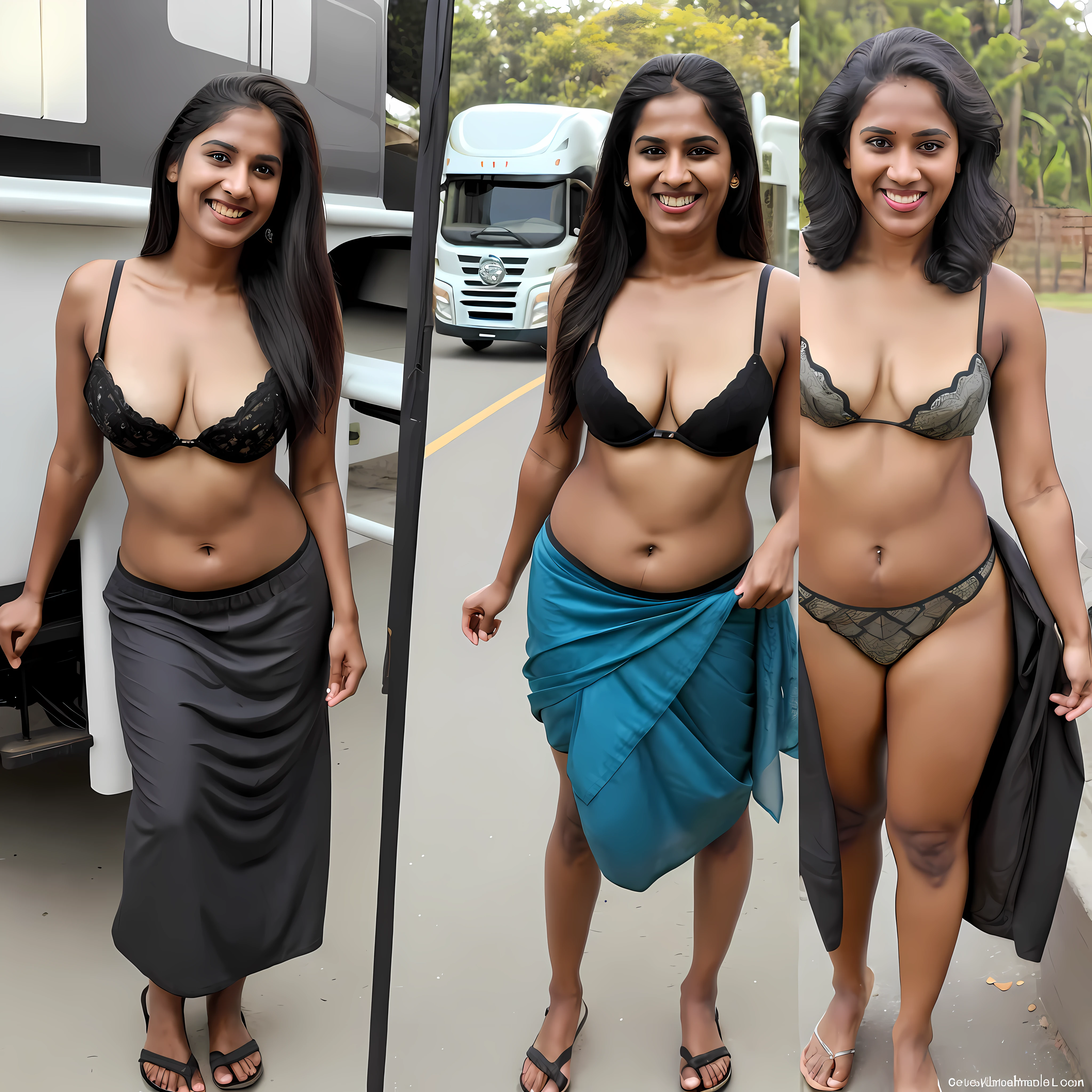 Side by side photo of a mallu traveller woman ,(trucks:1.3), lingerie, outdoors, fair skin,tall, seductive, detailed cute face, full lips, smiling, hyper realistic, ((skinny:1.0)), clothed, full body shot, visible navel, cleavage, messy black hair