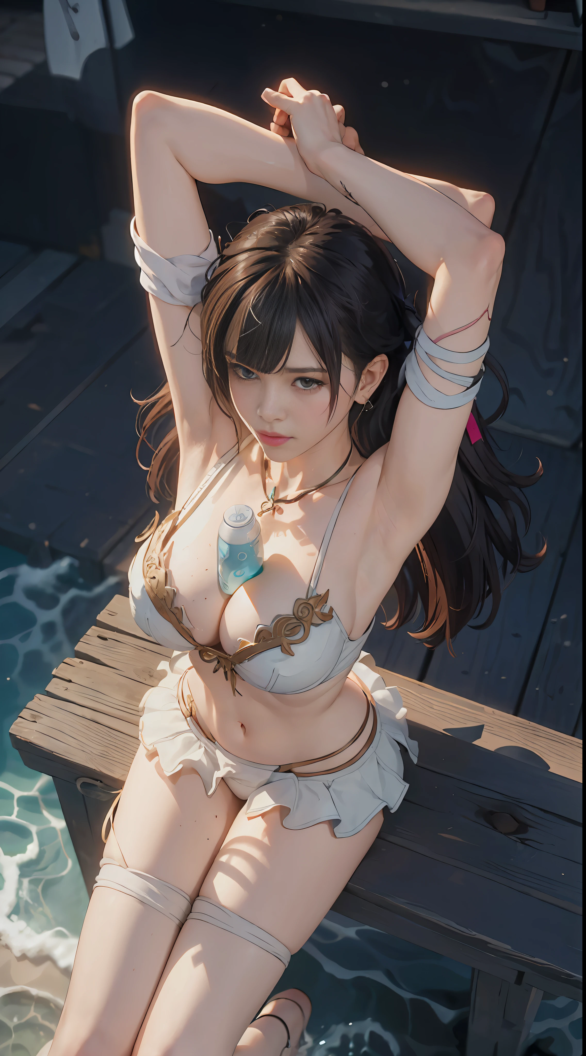 1girl,straddle sitting, off shoulders,between breasts,beach,(long water bottle), cleavage, lingerie, masterpiece, best quality, highly detailed,(from above,arms up:1.5)