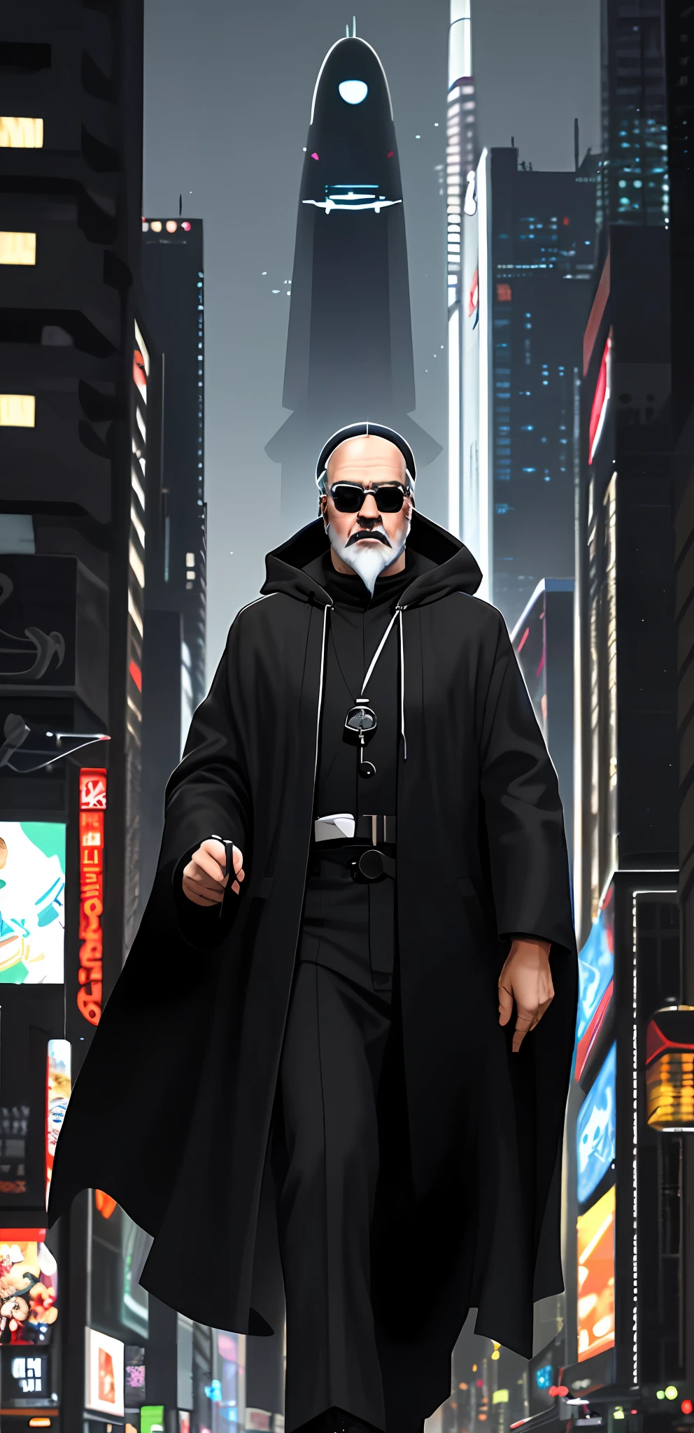 A 50-year-old white man, gray beard, hood and sunglasses dressed all in black, overcoat black, create a Jedi knight, coming out of a UFO, out of Flying Saucer, with his sword of blue light, in the middle of a busy avenue, at night, people running, anime-style art, cyberpunk, chaos