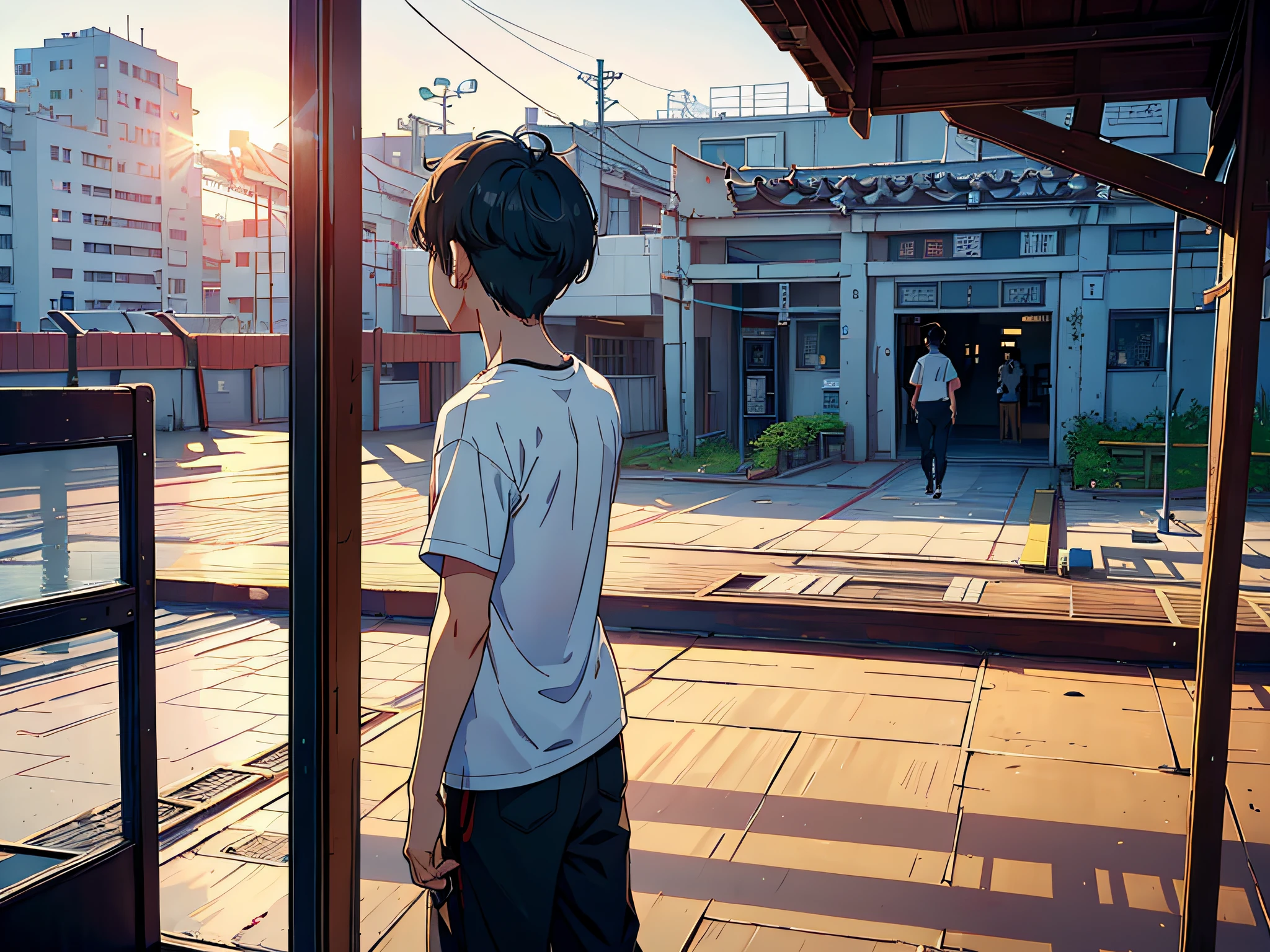 In the afternoon the sun is shining, a boy walks out of the back of the classroom, (boy 1.5), the man is wearing a white T-shirt with the boy's back in the background, the lens is mainly featuring the upper body, the lens is the boy's back, in the Loepfe art style ((Xinhai City), popular in CGStation, Shinkaicheng H 2160, inspired by Bian Shoumin, Xinhaicheng, Kavasi, Guvitz style, high quality, 4K, 8K, resolution, -auto-s2