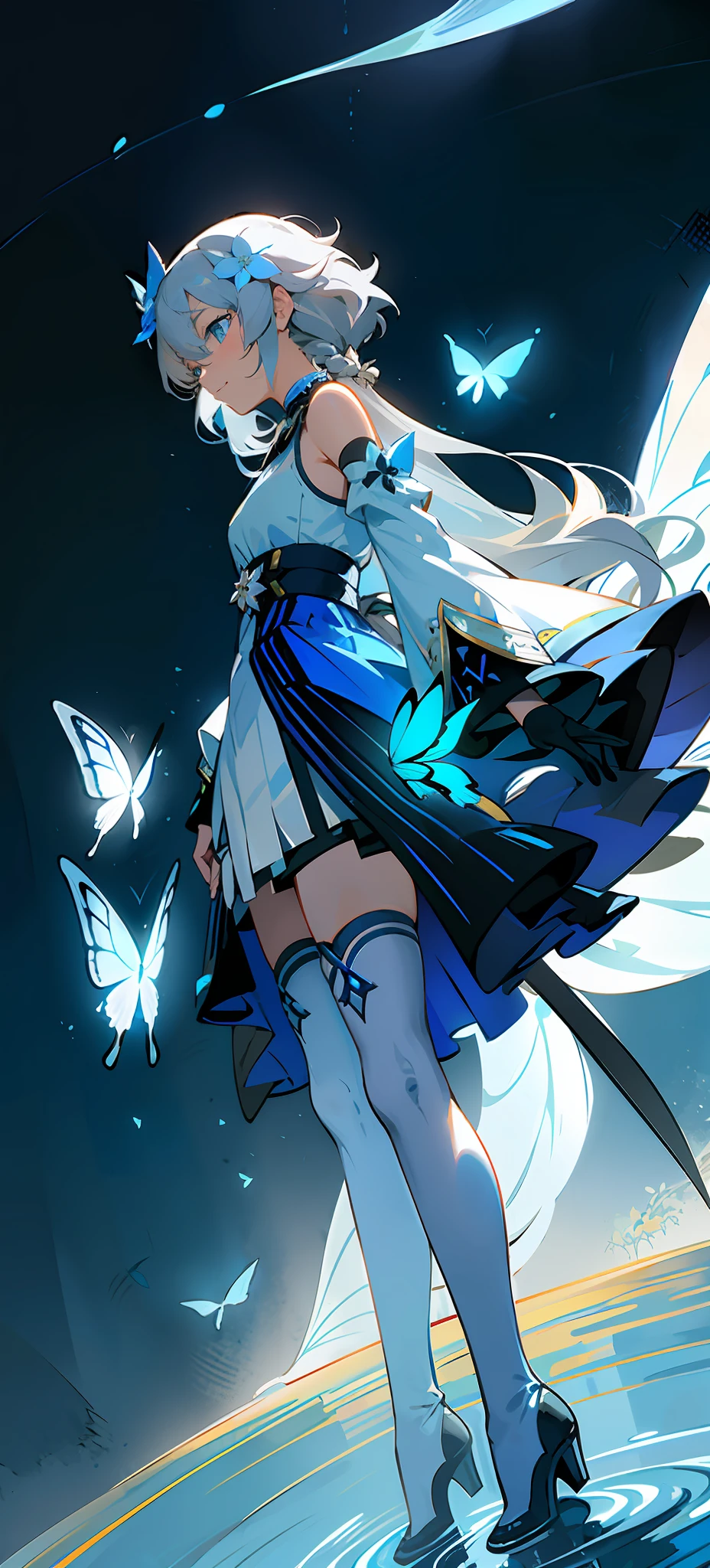 shinkai makoto,kimi no na wa.,(Overhead view),dynamic angle,ultra-detailed, illustration, close-up, straight on, 1girl, (fantasy:1.4), (azure blue eyes:1.233),Her eyes shone like dreamy stars,(glowing eyes:1.233),(beautiful and detailed eyes:1.1),(Silver hair:1.14),(messy hair,very long hair,french braid,hair between eyes,sidelocks), (+(bule hair flower:1.14)),(chiffon dress,bule flower pattern in uniform)/=(military uniform:1.24),(detached sleeves,wide sleeves),(fingerless gloves),choker,(miko thighhighs),High heeled boots,(expressionless,closed mouth),(standing), (classical Princess boudoir with dressing tableand french windowin a white ancient palaces),(white flowers,bloom),(abysmal sea),(flowing water),(a dull blue world tree:1.14),(ruins),(night:1.2),dreamy,soul,(fluorescence),(flying translucent blue butterflies:1.15), [[delicate fingers and hands:0.55]::0.85],(detail fingers),(yubao:0.5),white background, full body,bule theme,golden background,