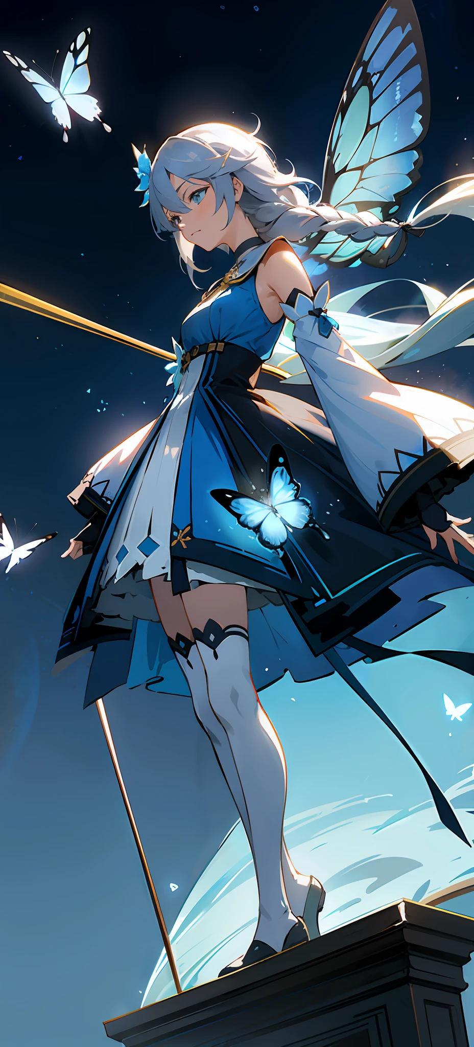 shinkai makoto,kimi no na wa.,(Overhead view),dynamic angle,ultra-detailed, illustration, close-up, straight on, 1girl, (fantasy:1.4), (azure blue eyes:1.233),Her eyes shone like dreamy stars,(glowing eyes:1.233),(beautiful and detailed eyes:1.1),(Silver hair:1.14),(messy hair,very long hair,french braid,hair between eyes,sidelocks), (+(bule hair flower:1.14)),(chiffon dress,bule flower pattern in uniform)/=(military uniform:1.24),(detached sleeves,wide sleeves),(fingerless gloves),choker,(miko thighhighs),High heeled boots,(expressionless,closed mouth),(standing), (classical Princess boudoir with dressing tableand french windowin a white ancient palaces),(white flowers,bloom),(abysmal sea),(flowing water),(a dull blue world tree:1.14),(ruins),(night:1.2),dreamy,soul,(fluorescence),(flying translucent blue butterflies:1.15), [[delicate fingers and hands:0.55]::0.85],(detail fingers),(yubao:0.5),white background, full body,bule theme,golden background,