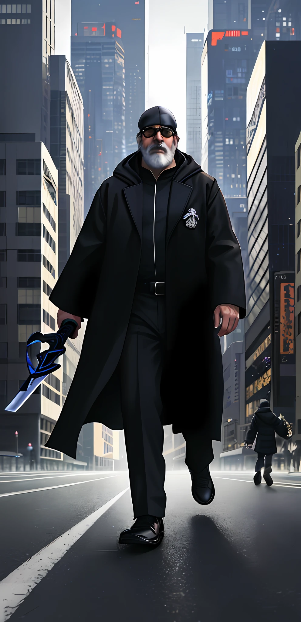 A 50-year-old white man, gray beard, hood and sunglasses dressed all in black, overcoat black, create a Jedi knight, coming out of a UFO, out of Flying Saucer, with his sword of blue light, in the middle of a busy avenue, at night, people running, anime-style art, cyberpunk, chaos