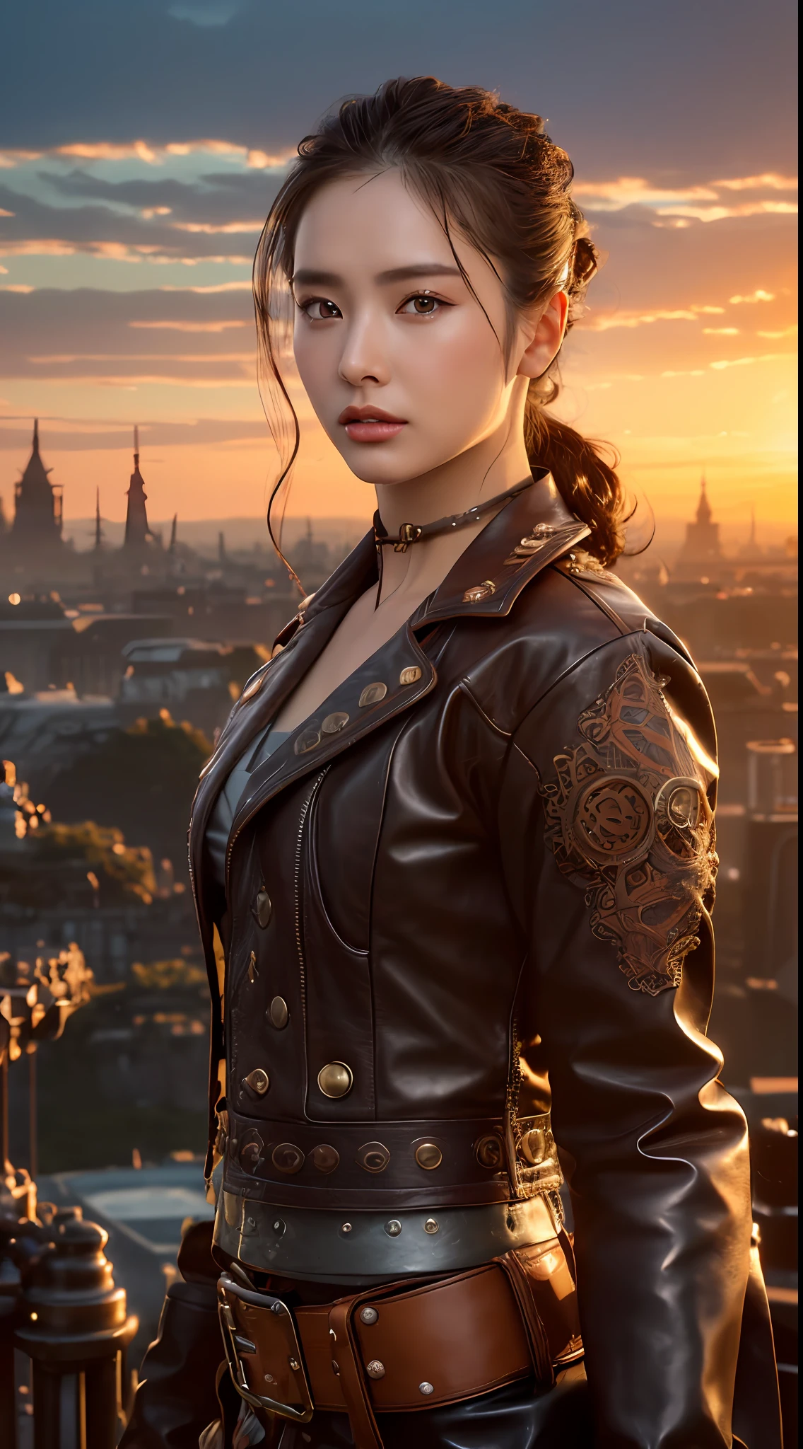 (a detailed portrait RAW photo of a gorgeous beautiful ((Finnish)) , realistic, solo, front view,POV,looking in camera, flirting with the camera, (masterpiece),(photorealistic:1.3), nfsw, ultra-detailed, (high detailed skin:1.2),(best quality:1.0), (ultra highres:1.0),(by samdoesart, by Antonio J. Manzanedo), fit, back light, GOLDEN HOUR, petite, choker, slim, choker, beautiful, Wearing a stylish leather jacket with intricate gears and goggles, Hair styled in a voluminous updo with gears and cogs as accessories, Accessorized with leather gloves and a utility belt with various gadgets, Posing with one foot on the edge of an airship, looking off into the distance, Captured from an above view angle, The scene set in a steampunk-inspired sky filled with floating islands and mechanical contraptions.Best quality, 4k, Masterpiece :1.3), pretty woman, 1girl, (breasts, attractive body :1.2), abs :1.1, dark brown hair: 1.1, (rainy wet, wet from rain, wet body :1.2), ultra-detailed face, detailed lips, detailed eyes, double eyelid