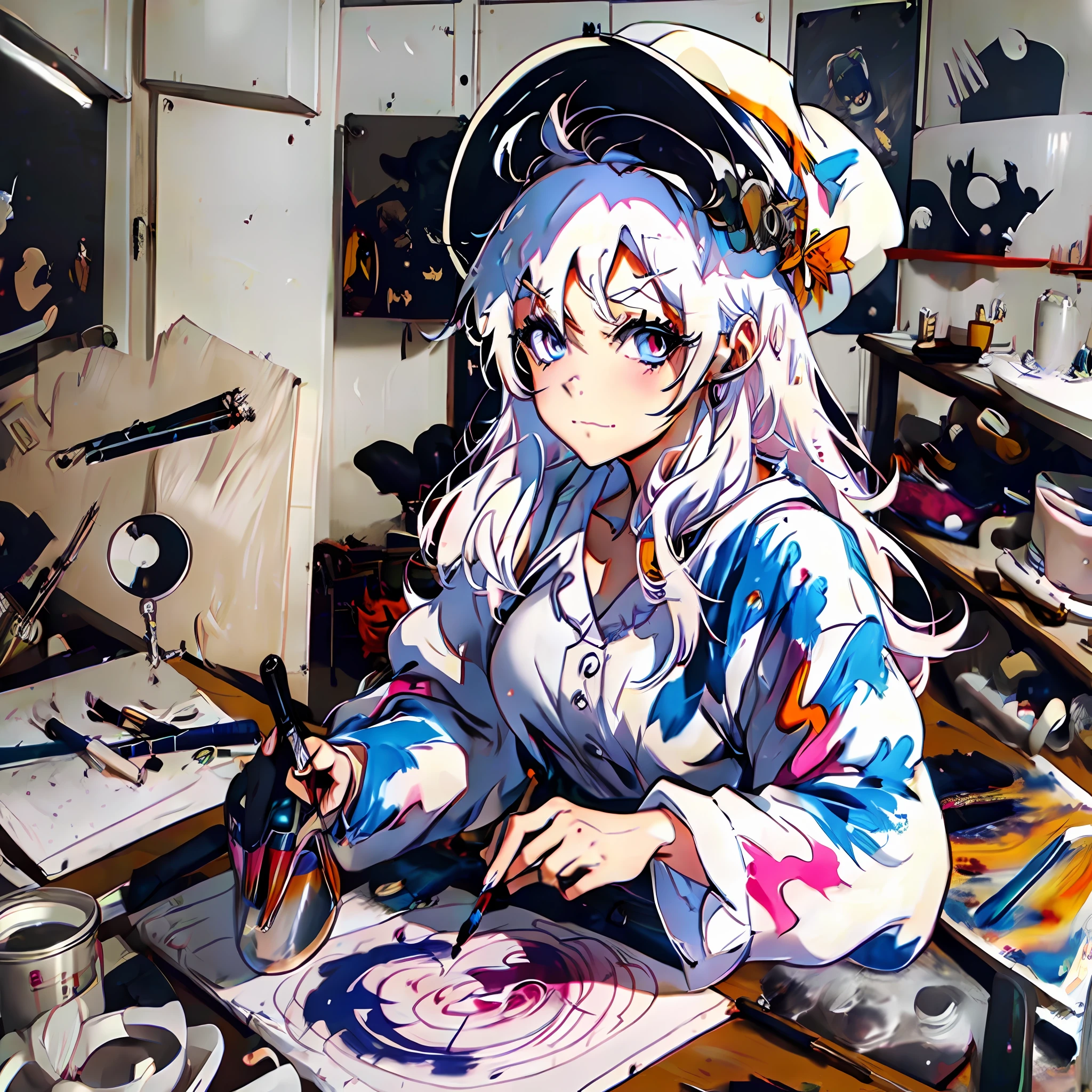 A girl with white hair, chaotic eyes, white hat, and a pale pink satchel, sits in the studio and paints on the drawing board