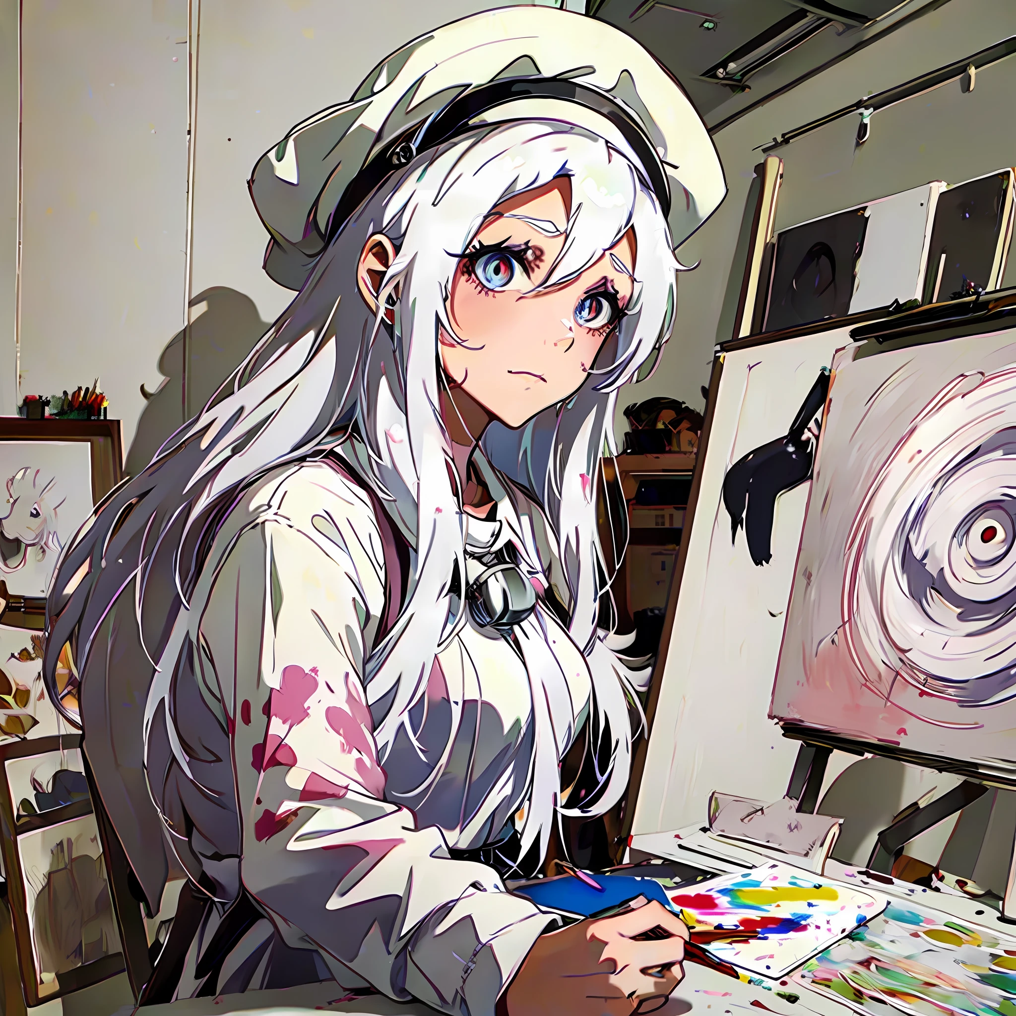 A girl with white hair, chaotic eyes, a white painting hat, and a pale pink satchel, sits in the studio and paints on the drawing board