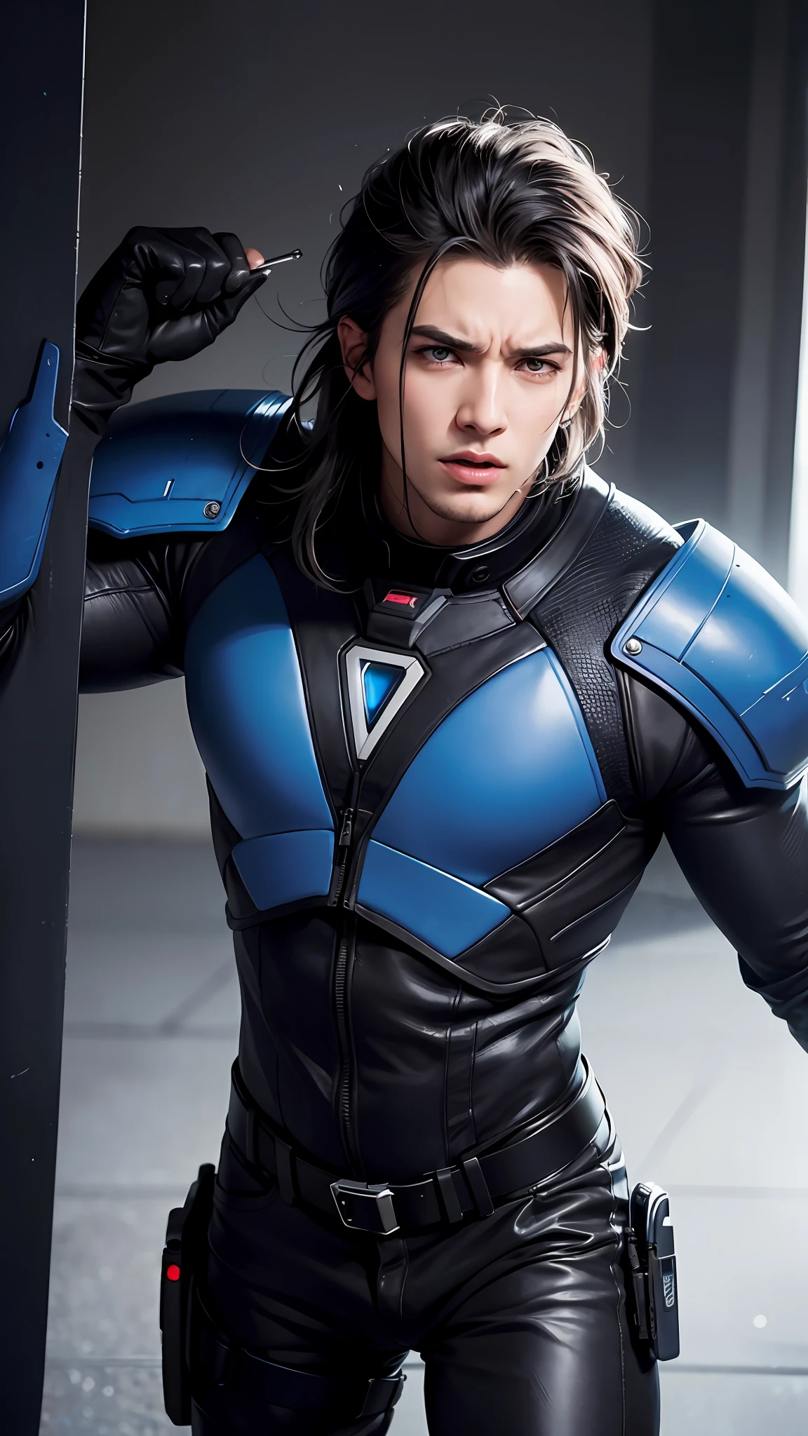 Garrus Vakarian, mass effect, Garrus, screaming, furrowed brows, angry,mad scream, crying, hopeless man with grey hair wearing a long leather coat, running, man wearing a black bonet, man with grey messy long hair, combat boots, in a dynamic pose, fighting, strained facial features, man in combat, sci fi, (8k, RAW photo, photorealistic:1.25) ,( lipgloss, eyelashes, man, gloss-face, glossy skin, dark skin, dark snik, male, best quality, ultra highres, young man, depth of field, chromatic aberration, caustics, Broad lighting, natural shading,Kpop idol) looking at viewer with a serene and god-like happiness, playful alluring smirk