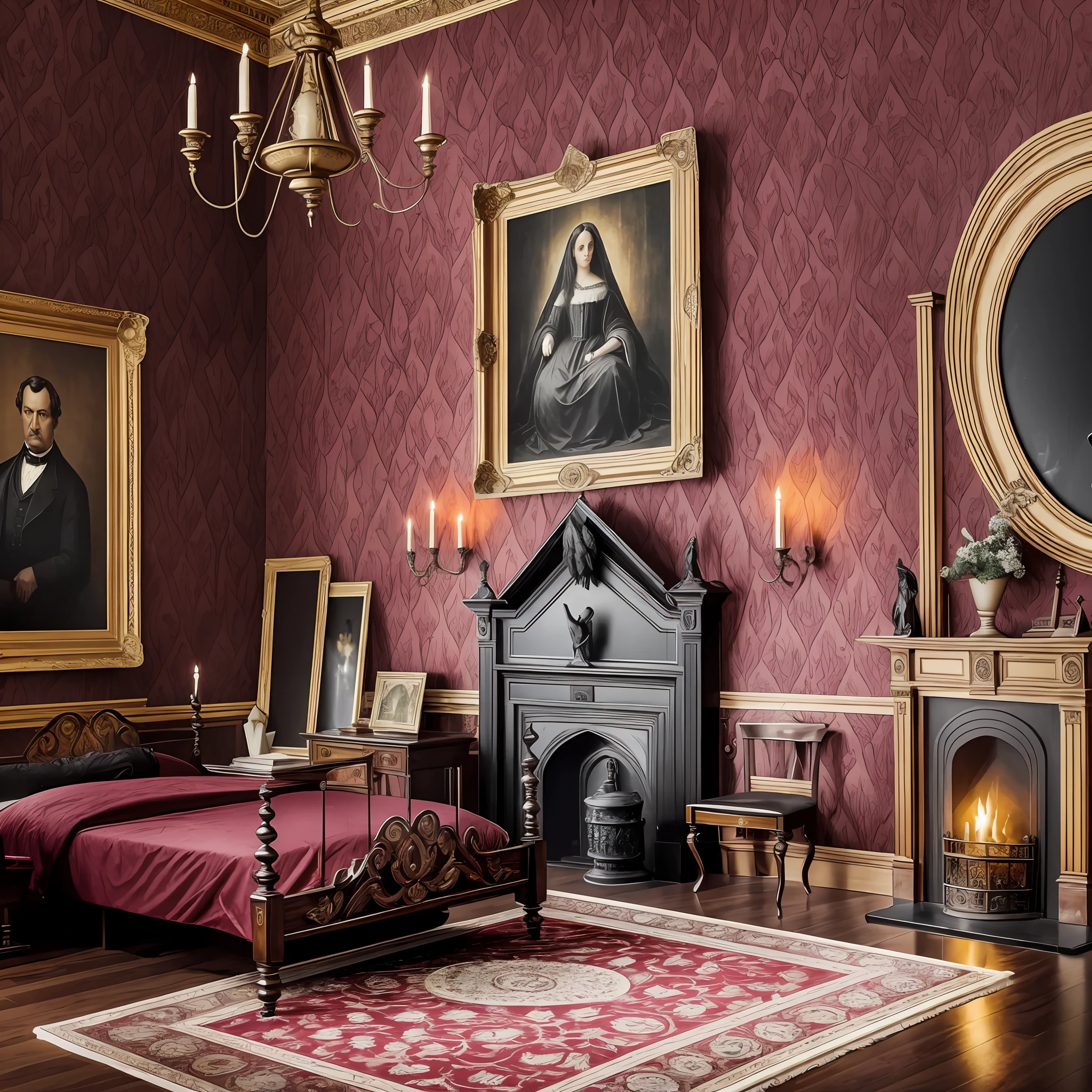Top quality, best quality, real picture, realistic picture, real photo, Victorian style double room with artwork and statue, dark, gothic. --auto --s2