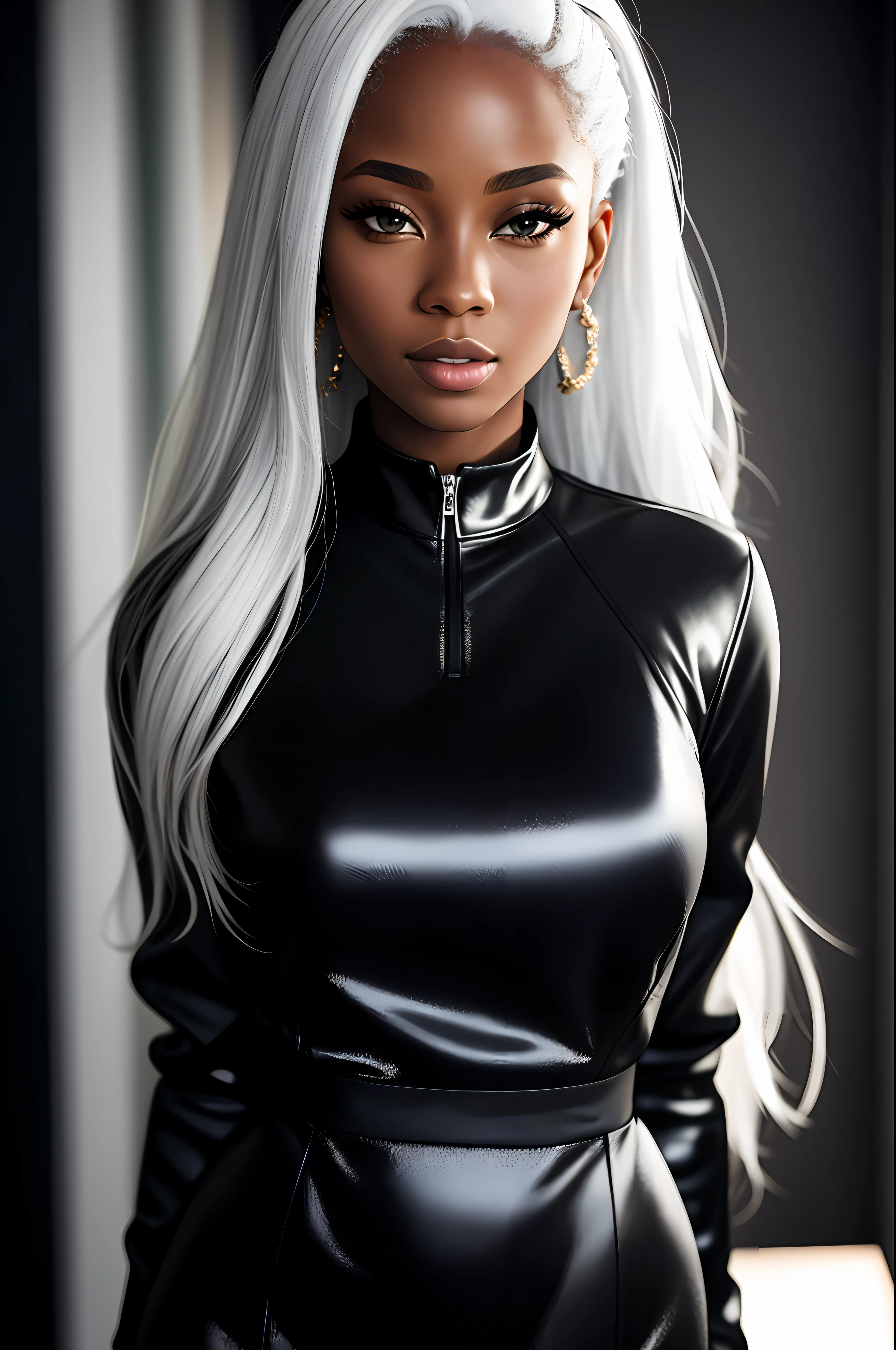 Best quality, masterpiece, high resolution, 1 young black woman, black chorus jacket dress,light gray dress,white hair,beautiful face,physique, Tyndall effect, realistic, dark studio, rim lighting, duotone lighting,(high detail skin: 1.2), 8k uhd, DSLR, soft light, high quality, volumetric light, stealth shot, photo, high resolution, 4k, 8k, bokeh