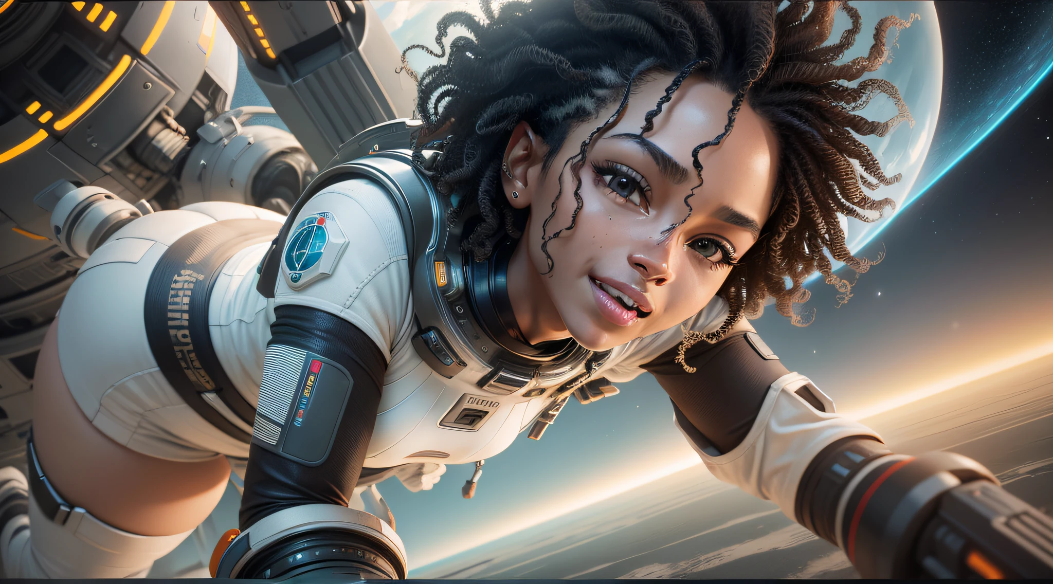 photorealism, realism, maximum quality, a girl with black skin and curly hair floats inside a large gravitational capsule, dynamic angle, perfect smile, bright eyes, perfect body, whole body, open arms, perfect open hands, perfect feet, maximum quality, photorealism, golden ratio, space objects floating in the background, anime portrait Space Cadet Girl, from a 2 0 1 9 Sci Fi 8 K movie, Zoe Kravitz futuristic astronaut, 8K movie still, still 8K movie, Zoe Kravitz as an astronaut, in spacesuit, girl in space, 8k landscape render, pretty girl in spacesuit, amplitude, general plan, cinematic, photorealism, maximum quality, Photographed on a Canon EOS-1D X Mark III, 50mm lens, F/2.8, sharp focus, volumetric mist, dramatic light, volumetric light, neon, 8k uhd, dslr camera, maximum quality, film grain, anamorphic, (without gravity: 4.0), gorgeous, milky, highly detailed skin, realistic skin details, visible pores, photorealism, lomography, translucent, maximum quality