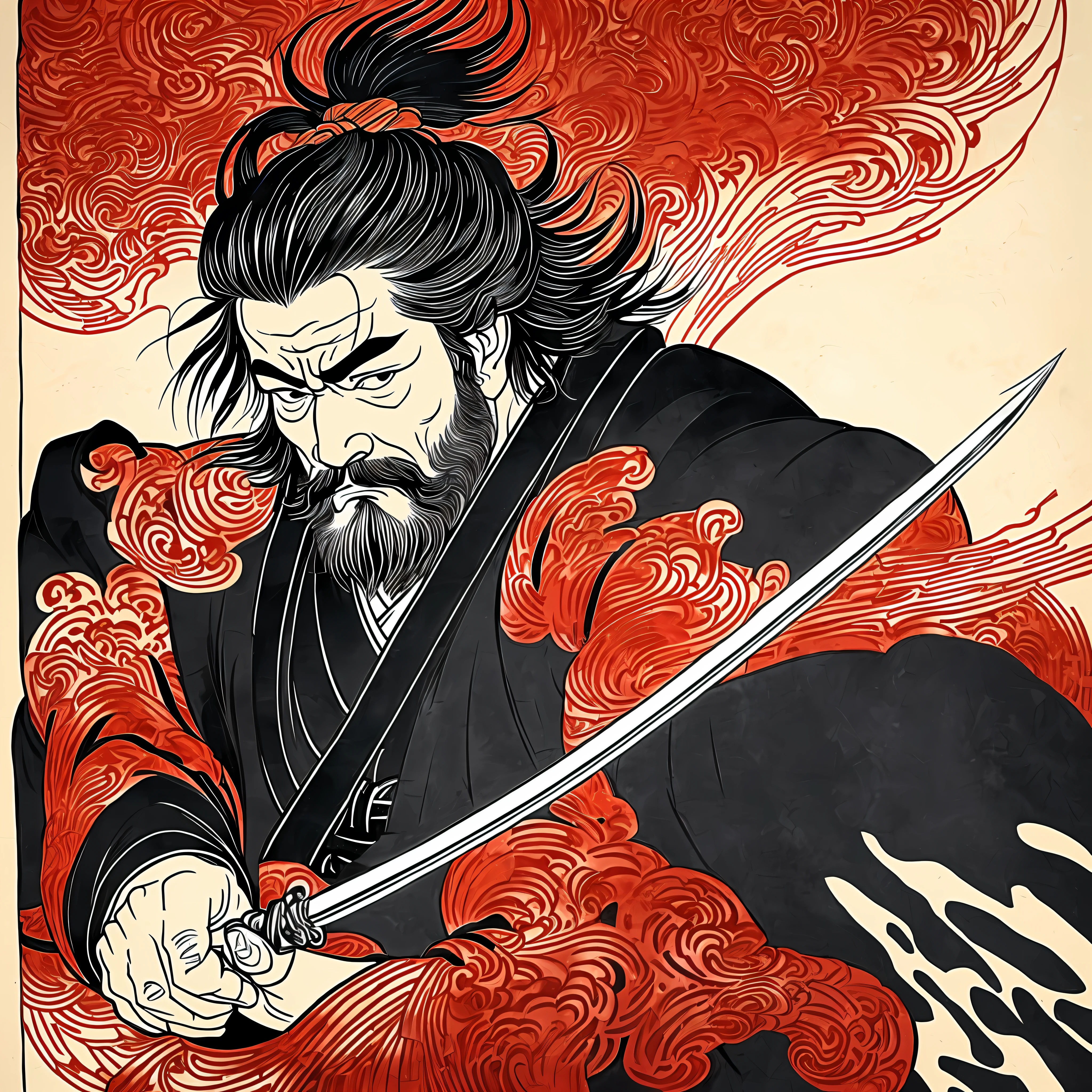 It is a Katsushika Hokusai-style line drawing with natural colors. The swordsman Miyamoto Musashi is a Japan samurai with a large strong physique like a strong man. His face is very dignified. He also has short black hair and a short, trimmed beard. His upper body is covered in a black kimono and his hakama is knee-long. In his right hand he holds a Japan sword with a longer sword part. High quality, masterpiece high resolution ukiyo-e style. Red flames swirling in the dark night. Miyamoto Musashi faces the front and swings his sword down forcefully.