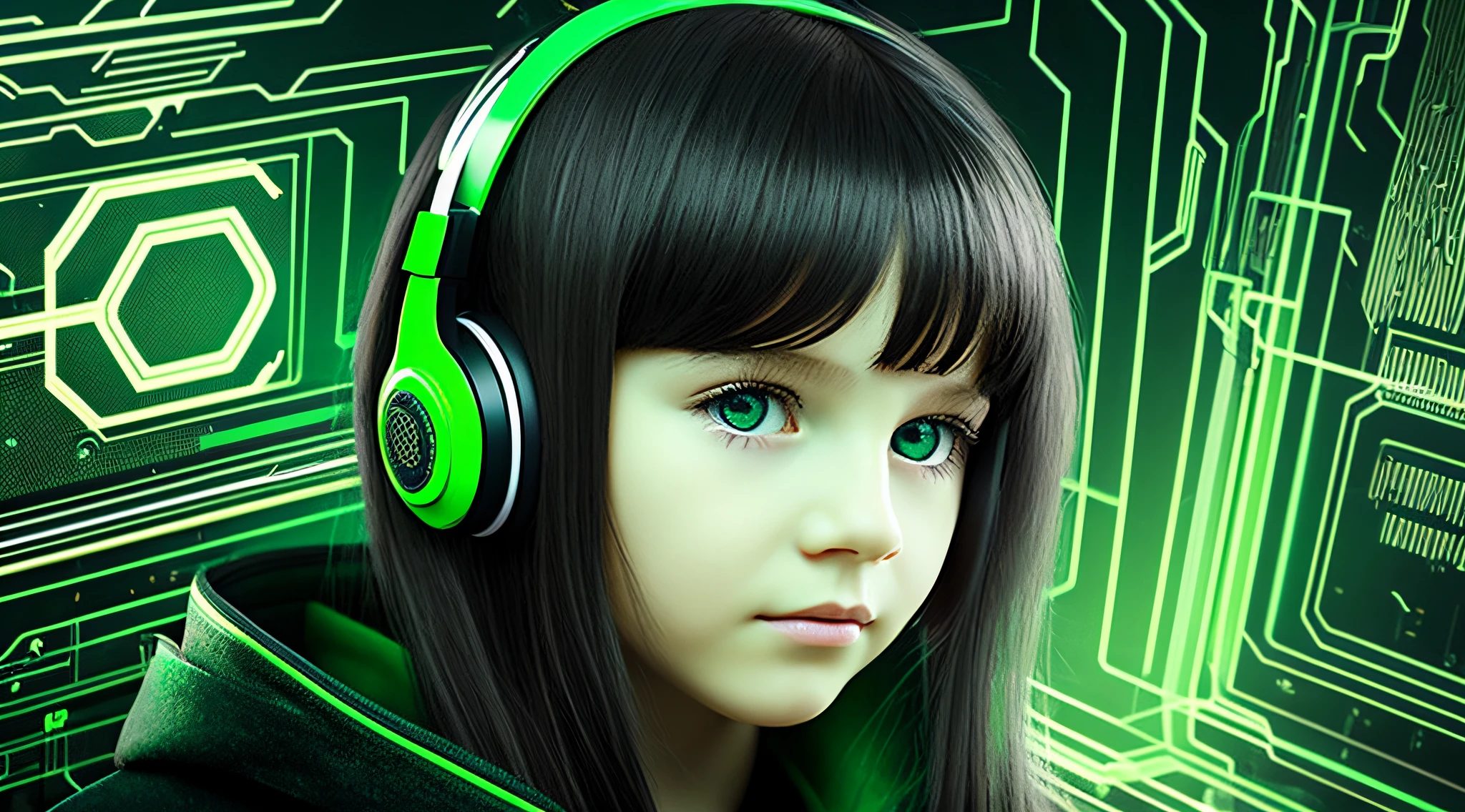 Russian child girl long straight dark hair, put on headphone jack and change into a cyberpunk green coat but do not change the face, green background . --auto --s2