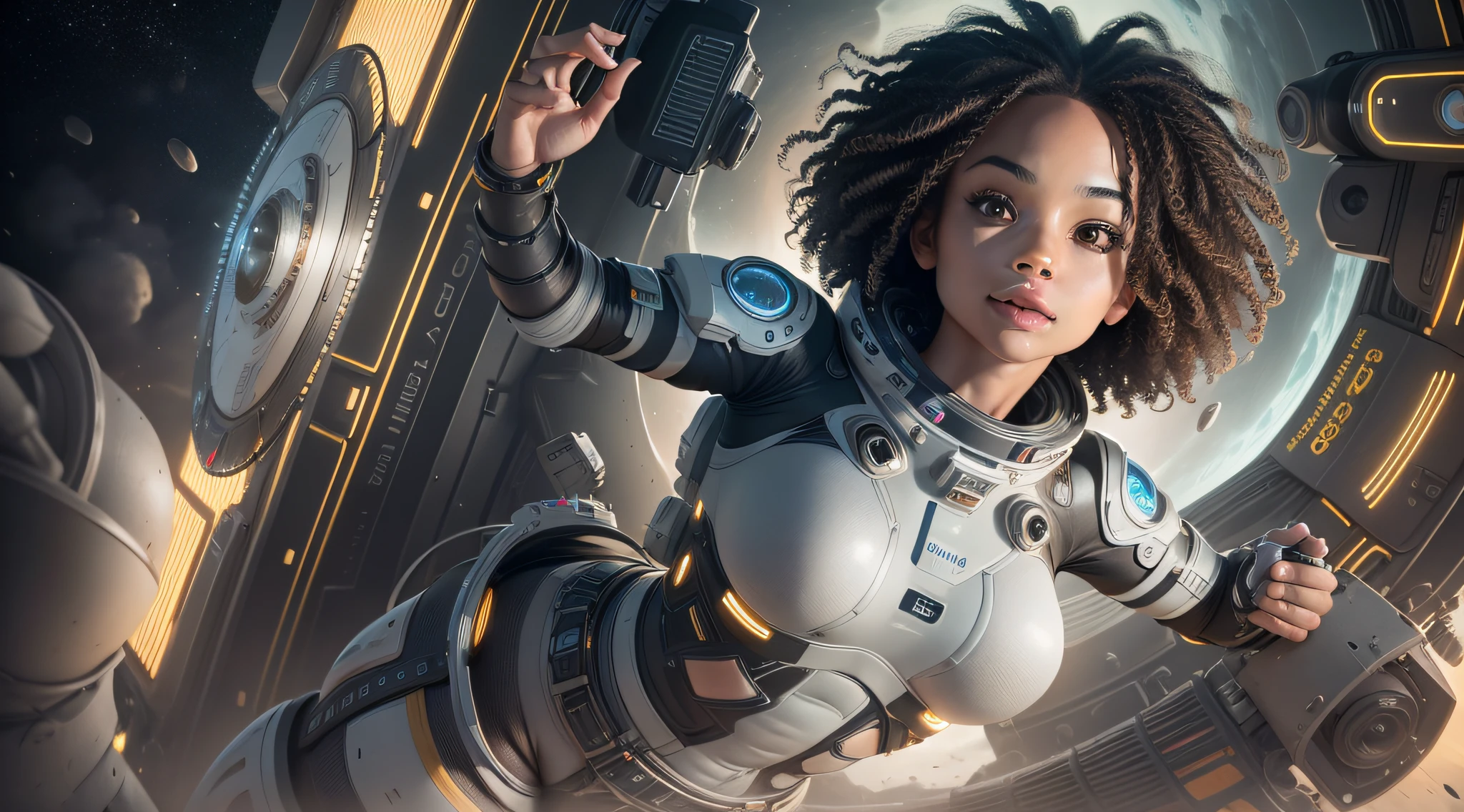 photorealism, a girl with black skin and curly hair floats inside a large gravitational capsule, dynamic angle, perfect smile, bright eyes, perfect body, whole body, open arms, perfect open hands, perfect feet, maximum quality, photorealism, golden ratio, space objects floating in the background, anime portrait Space Cadet Girl, from a 2 0 1 9 Sci Fi 8 K movie, Zoe Kravitz futuristic astronaut, 8K movie still, still 8K movie, Zoe Kravitz as an astronaut, in spacesuit, girl in space, 8k landscape render, beautiful girl in spacesuit, amplitude, general plan, cinematic, photorealism, Photographed on a Canon EOS-1D X Mark III, 50mm lens, F/2.8, sharp focus, volumetric fog, dramatic light, volumetric light, neon, 8k uhd, dslr camera, maximum quality, film grain, anamorphic, (without gravity: 4.0), beautiful, milky, highly detailed skin, realistic skin details, visible pores, photorealism, lomography, translucent