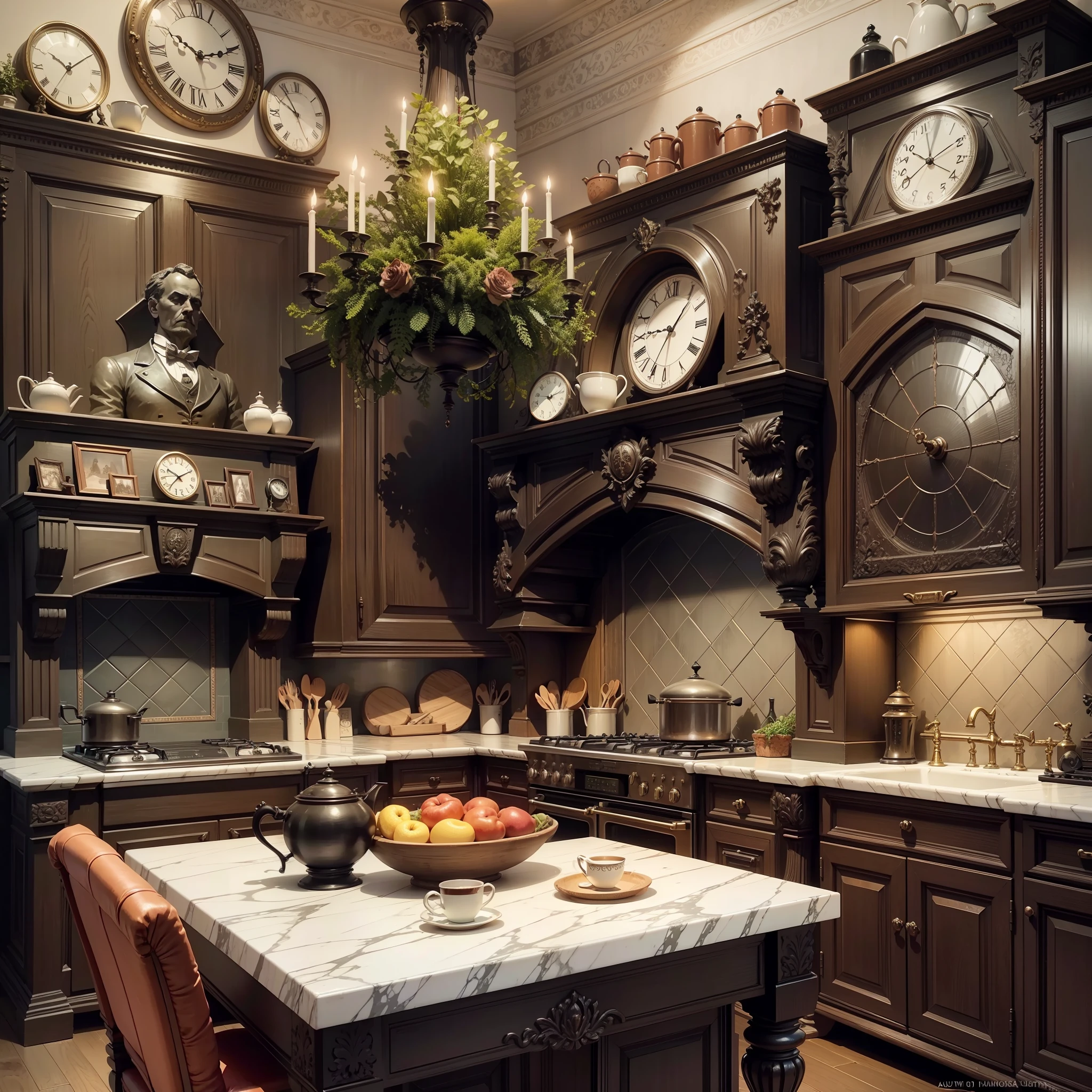 Top quality, best quality, real picture, realistic picture, real photo, Victorian style kitchen with artwork and statue, dark, gothic. --auto --s2
