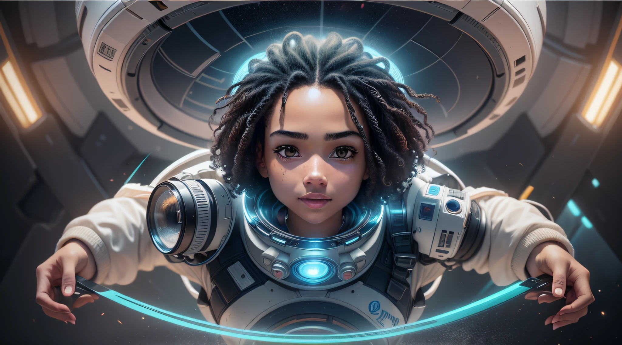 A girl with black skin and curly hair floats inside a large gravitational capsule, dynamic angle, open arms, open hands, (perfect smile: 1.8), (perfect body: 1.8), (full body: 1.8), golden ratio, space objects floating in the background, anime portrait Space Cadet Girl, from a 2 0 1 9 Sci Fi 8 K movie, Zoe Kravitz futuristic astronaut, 8K movie still, still 8K movie, Zoe Kravitz as an astronaut, in spacesuit, girl in space, 8k render landscape, beautiful woman in spacesuit, amplitude, general plan, cinematic, photorealism, Photographed on a Canon EOS-1D X Mark III, 50mm lens, F/2.8, sharp focus, volumetric fog, dramatic light, volumetric light, neon, 8k uhd, DSLR camera, maximum quality, film grain, anamorphic, (without gravity: 4.0)