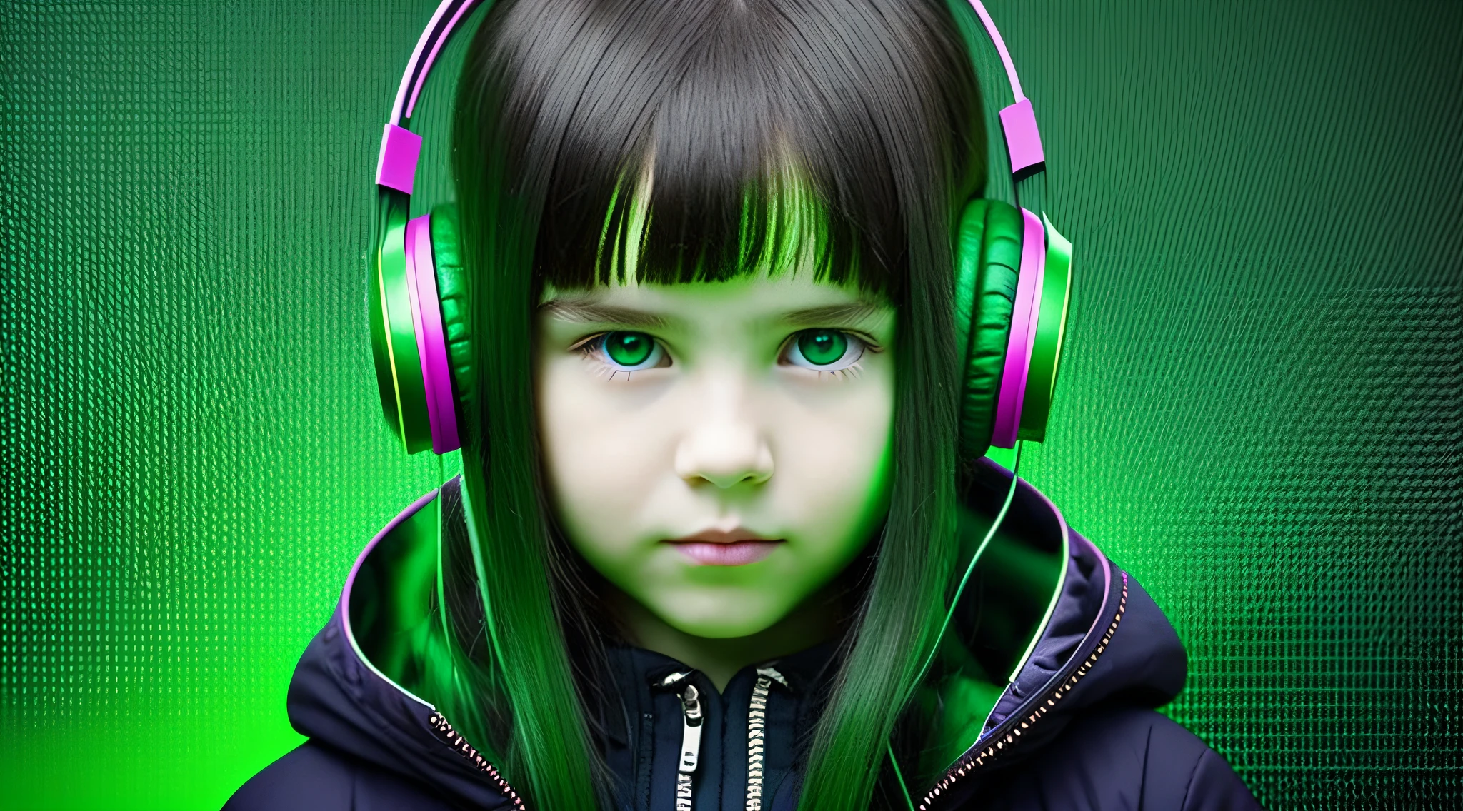 Russian girl long straight dark hair, put on headphone jack and change into a cyberpunk green coat but do not change the face, green background . --auto --s2