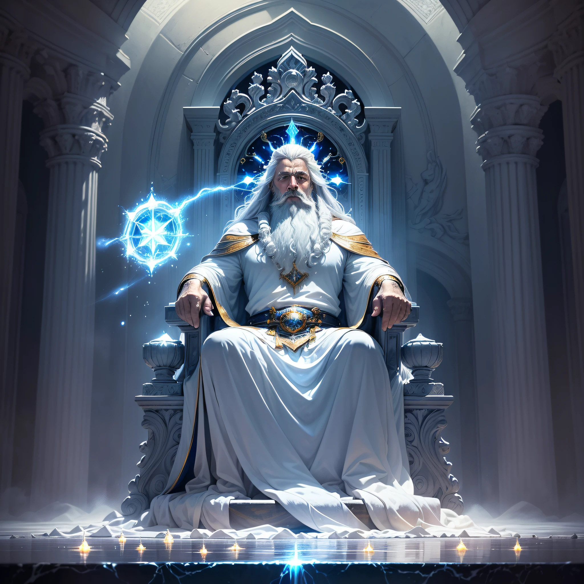 (masterpiece, best quality, ultra-realistic), God's throne room, high resolution, divine man, majestic, strong, imposing, white hair and beard, white clothes warmth, dazzling light, serene aura, magnificent aura, god (embodiment of power:1.2), glorious, surreal, powerful blue throne made of sapphire stone, (emitting light:1.3), (gleaming:1.2)