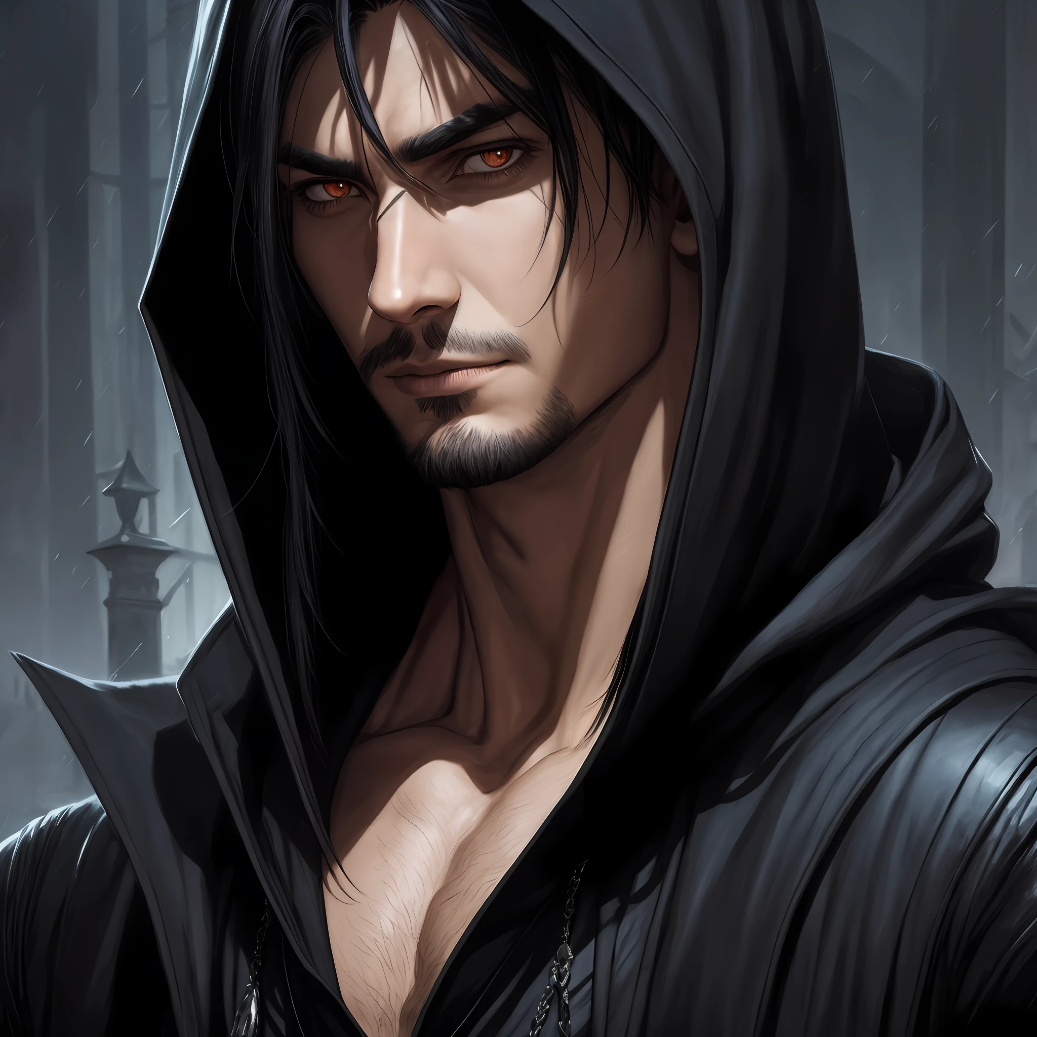 alluring highly detailed close-up portrait of beautiful man with black haired wearing a dark clothes, dark skin, vampire, serious, hooded, goth style, living in dark Village, darkness, very detailed, realistic, by Stanley Artgerm Lau, greg rutkowski, thomas kindkade, alphonse mucha, loish, norman