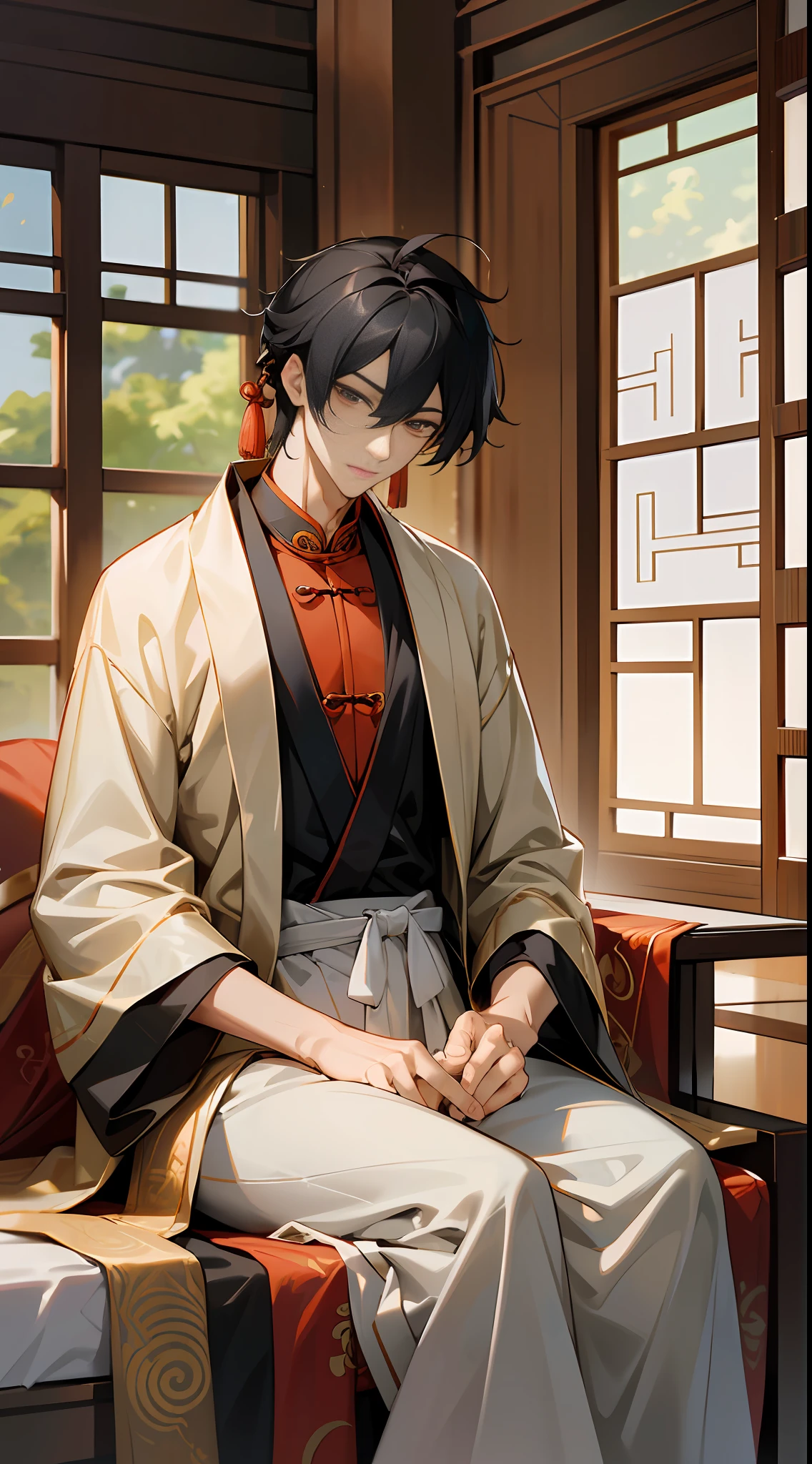 A man in a robe sitting on a bed by the window, handsome boy, elegant boy, mysterious handsome man, Chinese male god, by Yang J, Gu Viz, 8k high quality detail art, Yang Jin, Yu Zhiding, the role is his natural pose, Taoist temple, popular on cgstation --auto --s2