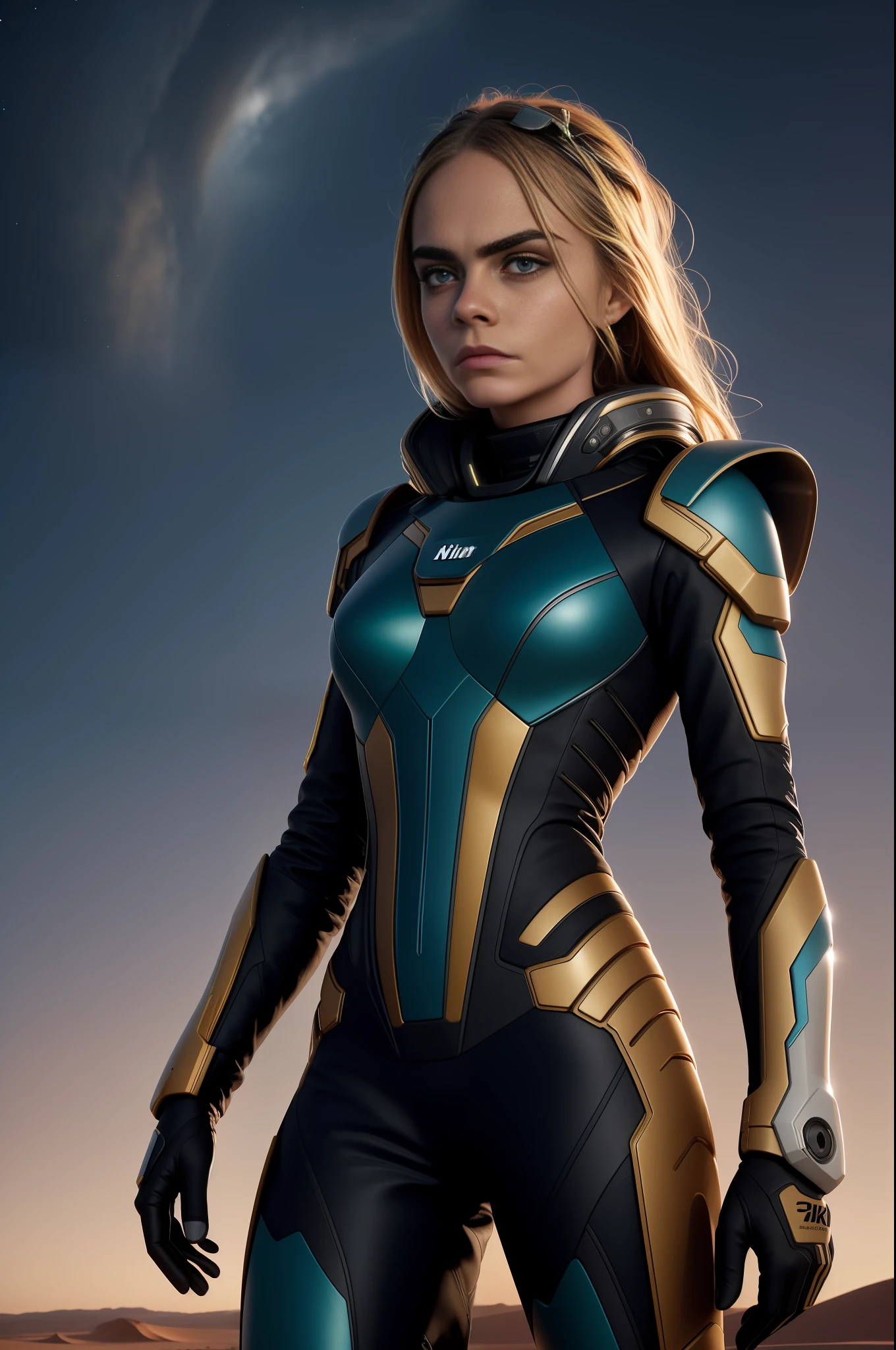 a professional movie photograph of, professional photo portrait of cara delevingne,. wears a futuristic suit, on a desert, with a planet in the sky behind, epic movie poster, professional photo, professional digital art, trending on artstation, professional lighting, dramatic lighting, high resolution, 8k, ultra high definition, hdri, golden hour,, sharp focus photo, uhd, hdr, professionally color graded, perfectly shaded, analog photo, high quality, highres, detail enhancement, 8k, high resolution scan, (photo by nikon d800, 50mm zeiss lens), spotlight