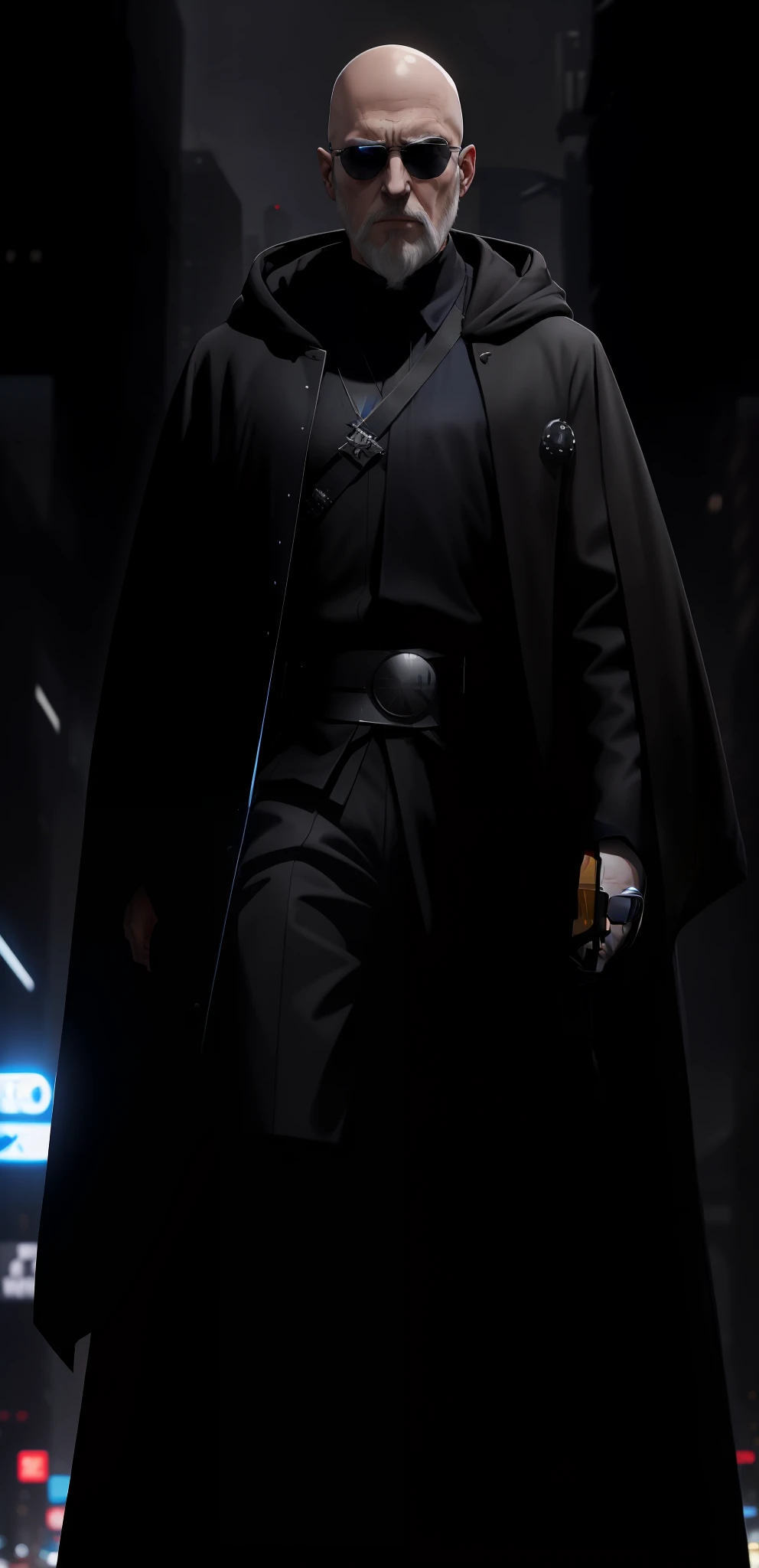 Man of 50 years white, bald, gray beard, hood and sunglasses dressed all in black, overcoat black, create a Jedi knight, coming out of a UFO, coming out of Flying Saucer, with his sword of blue light, in the middle of a busy avenue, at night, people running, anime-style art, traditional anime, cyberpunk, chaos