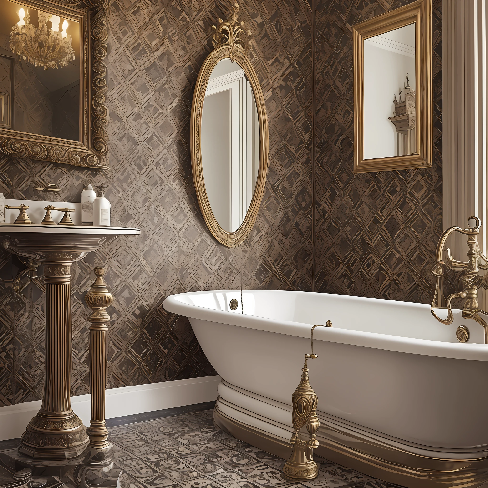 Superior quality, best quality, real picture, realistic image, real photo, Victorian style bathroom with artwork and statue, dark, gothic. --auto --s2