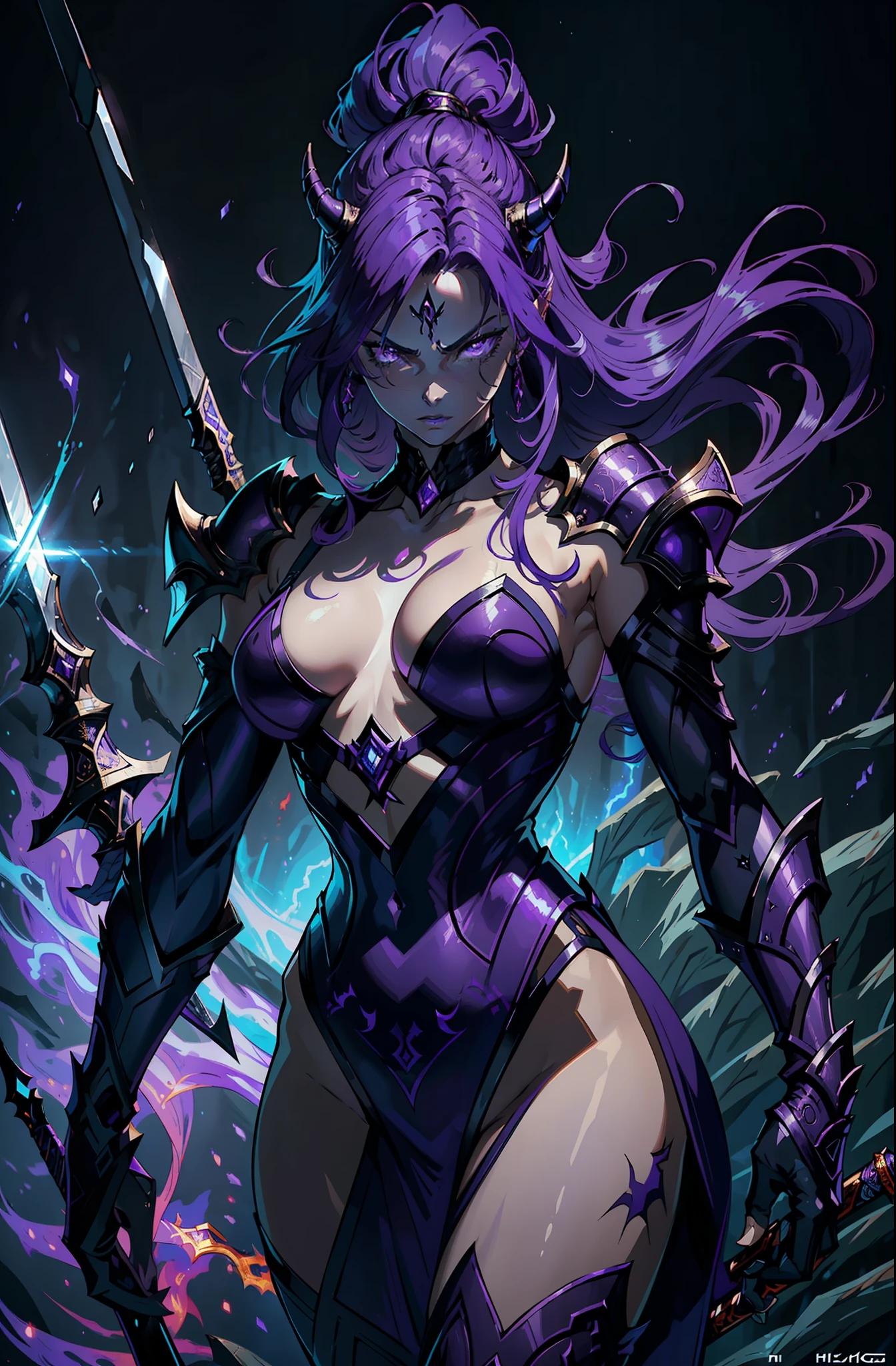 (((masterpiece:1.2, best quality))), Beautiful demon, sharp features, long purple hair, (((hair from purple fire))), shining lilac eyes, ((crazy look)), (((fighting excitement))), sharp horns of dark purple color on her head. Tall, thin, with a good figure, dark purple metal (armor: 1.2), (not in a swimsuit: 1.5), fully dressed, full equipment, ((in the hand of a sharp thin purple sword)), dynamic pose, detailed graphics, AFK Arena style, fantasy, intricate, elegant, highly detailed, digital painting, artstation, concept art, matte, clear focus, illustration. very higah resolution, masterpiece, stunning, trendy artstation, 8k, uhd, (((realism))), poster
