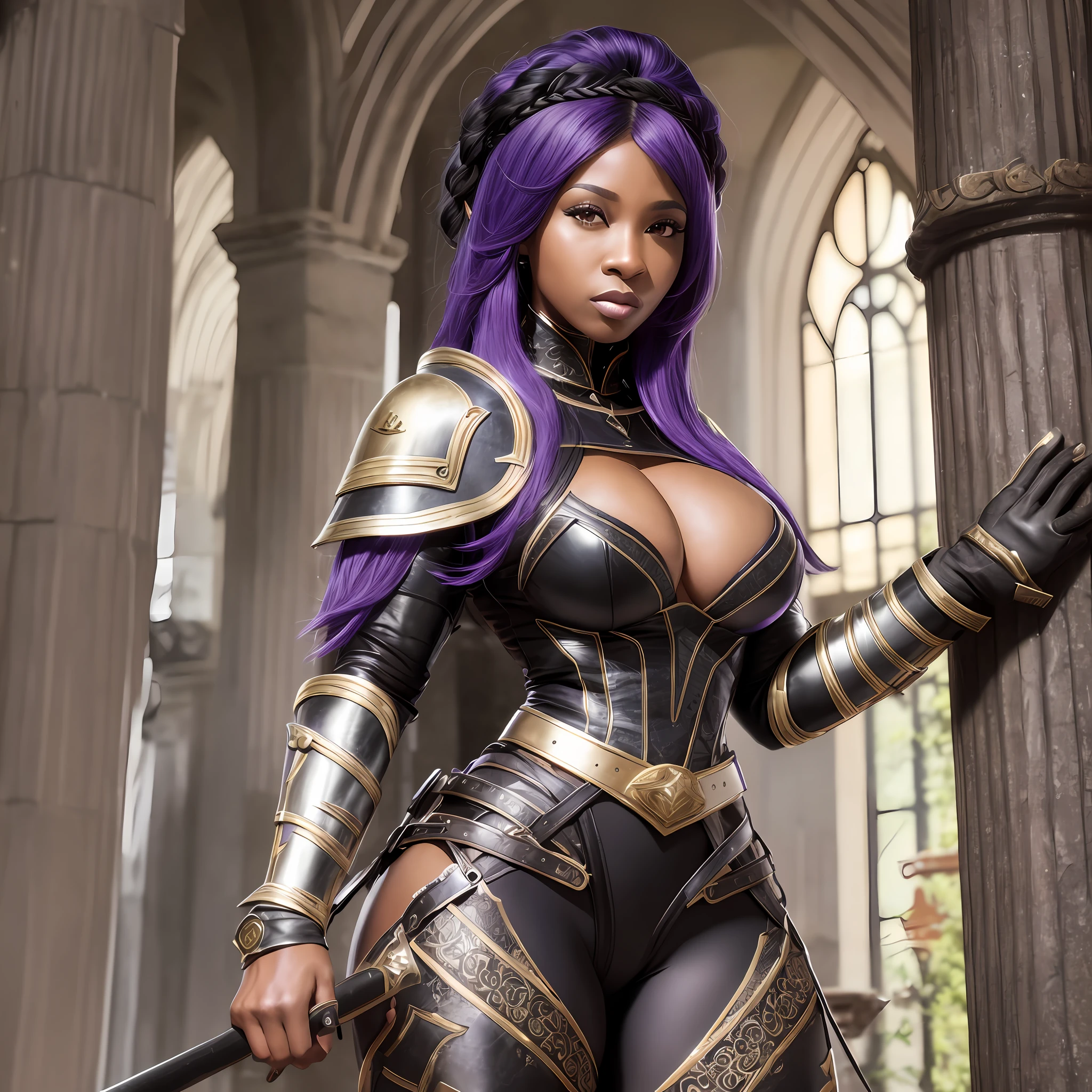 Black, 30 year old woman, warrior, big ass highlighted, big chest highlighted, tall, black hair, purple eyes, Medieval Style, 8K, HD