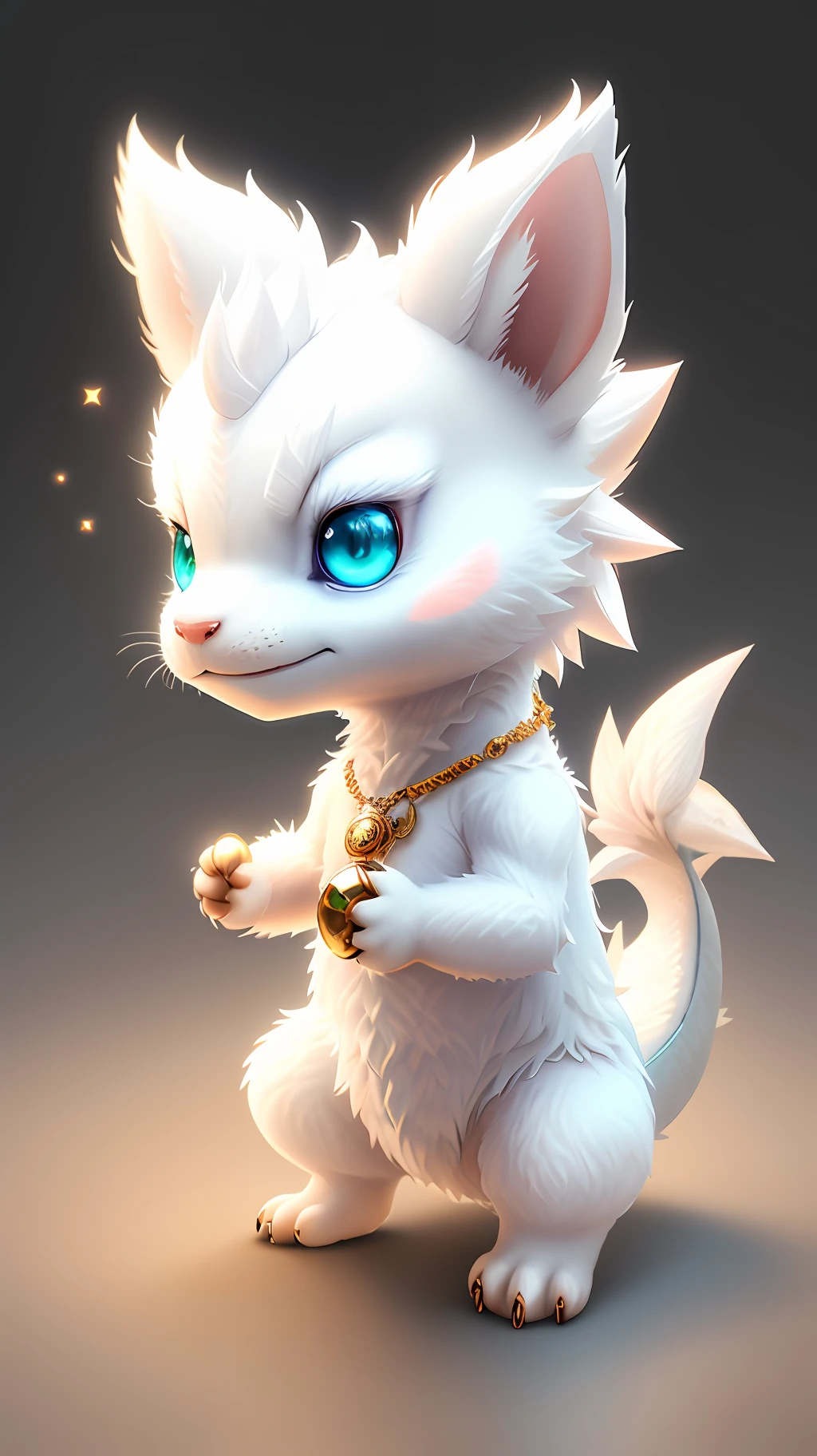 Cute hyper-realistic little white dragon, eyes of different colors, wearing a necklace, chibi, cute and fluffy, logo design, cartoon, movie lighting effects, charming, 3D vector art, cute quirky, fantasy art, background bokeh, hand drawn, digital painting, soft lighting, isometric style, 4K resolution, realistic rendering, highly detailed clean, vector images, realistic masterpieces, professional photography, simple space background, flat white background, isometric, vibrant vector