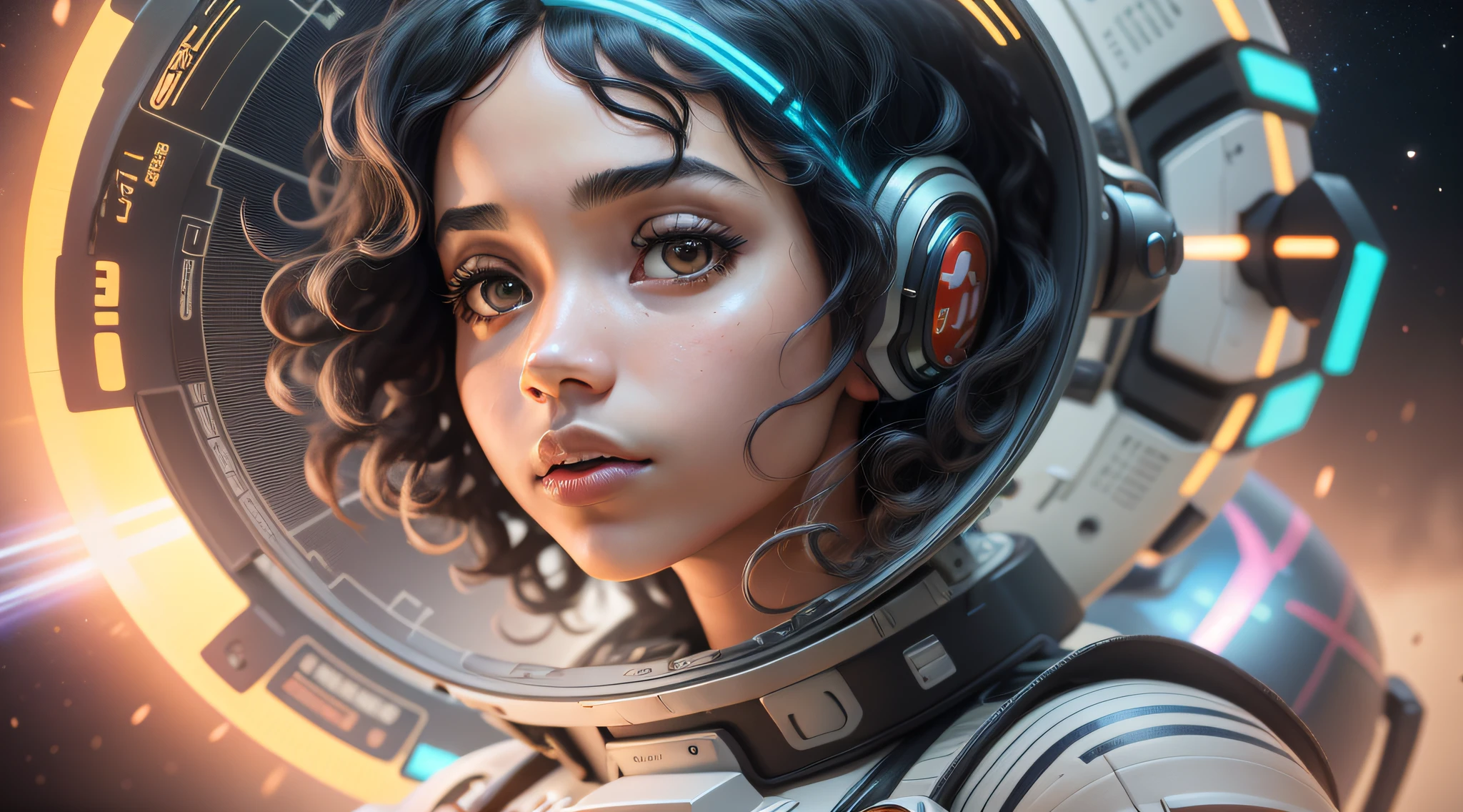 A girl with black skin and curly hair floats inside a large gravitational capsule, space objects floating in the background, anime portrait Space Cadet Girl, from a 2 0 1 9 Sci Fi 8 K movie, Zoe Kravitz futuristic astronaut, 8 K movie still, movie still 8 K, Zoe Kravitz as an astronaut, in spacesuit,  girl in space, portrait 8k render, beautiful woman in spacesuit, amplitude, general plan, cinematic, photorealism, Photographed on a Canon EOS-1D X Mark III, 50mm lens, F/2.8, sharp focus, volumetric fog, dramatic light, volumetric light, neon, 8k uhd, dslr camera, maximum quality, film grain,